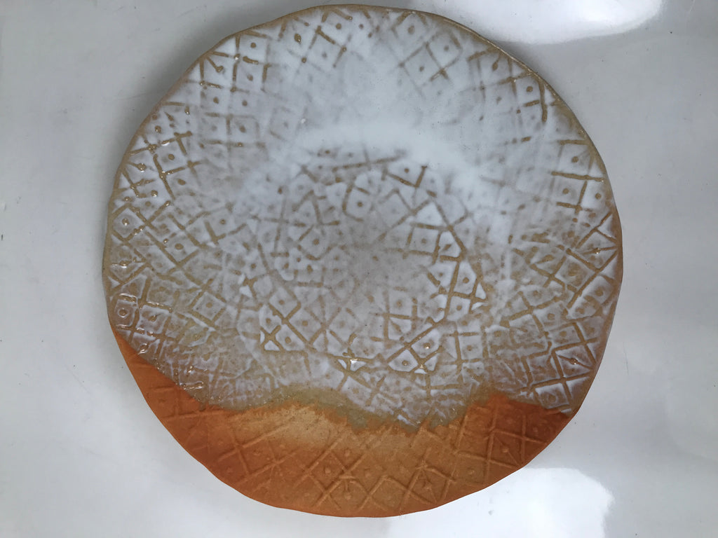 Japanese Hagi-yaki Ceramic Serving Dish Round Large Plate Box Orange White PX772