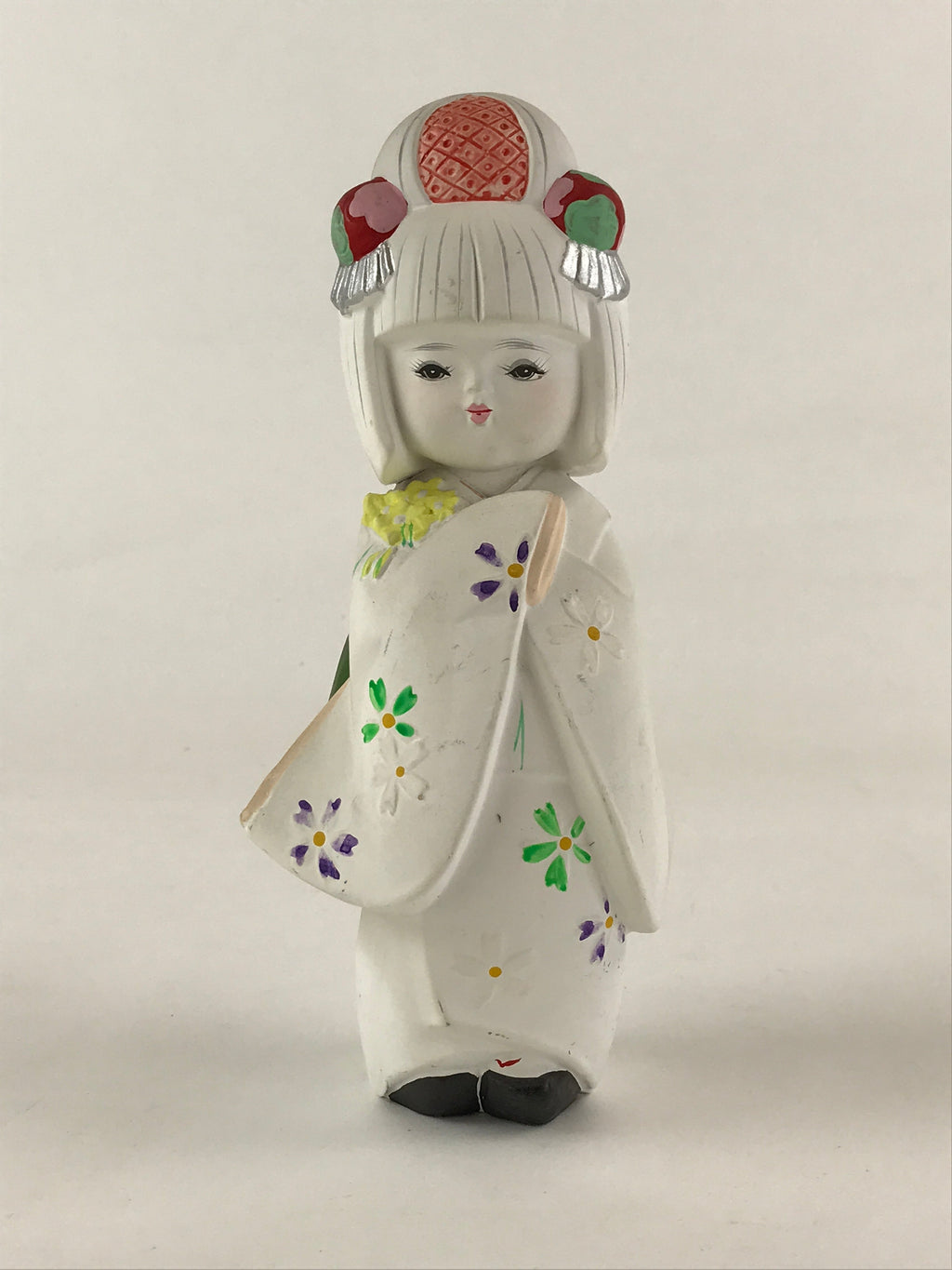 Japanese Hakata-Ningyo Clay Doll Traditional Handicraft Girl Kimono White BD897