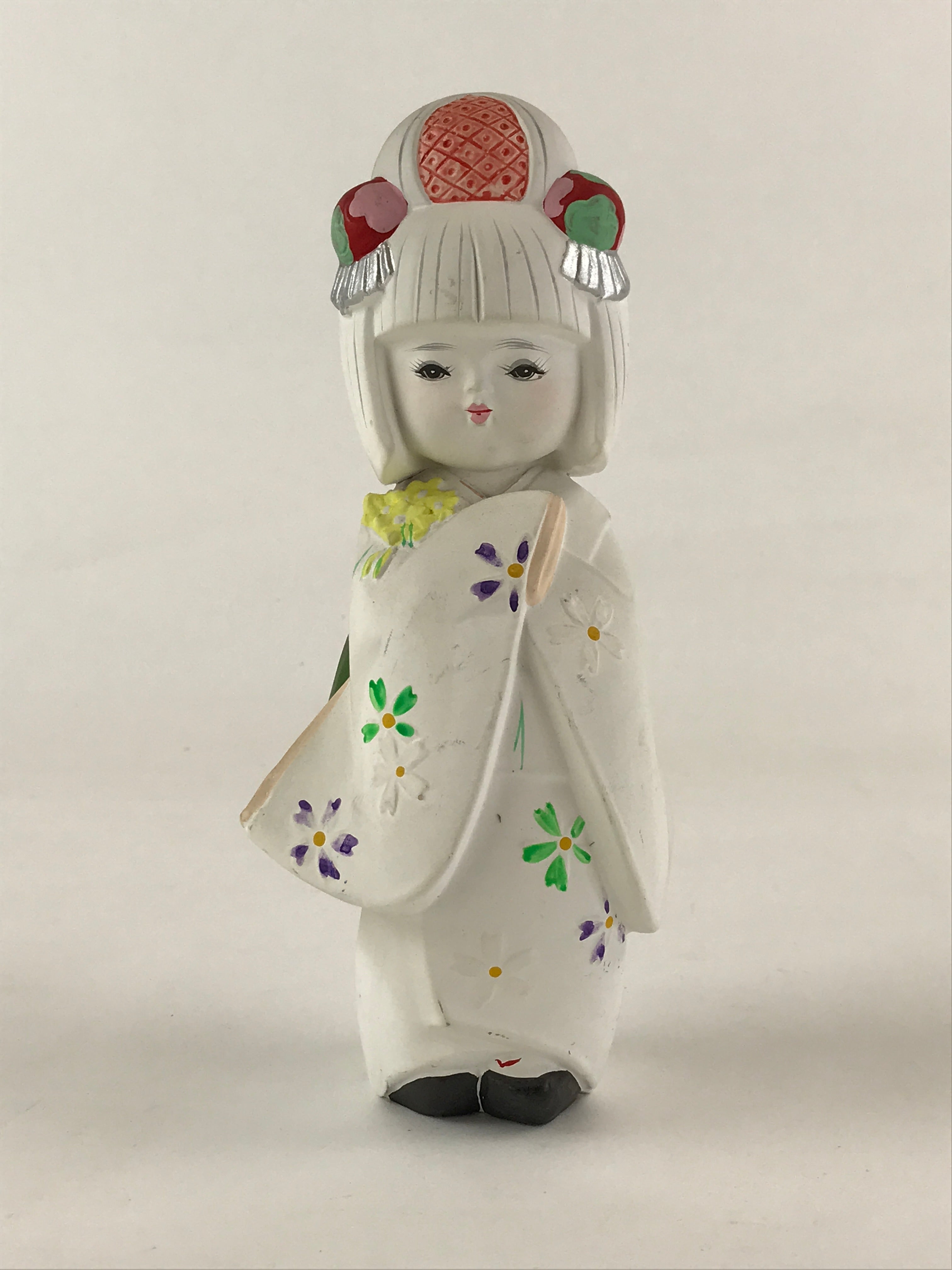 Japanese Hakata-Ningyo Clay Doll Traditional Handicraft Girl Kimono White BD897