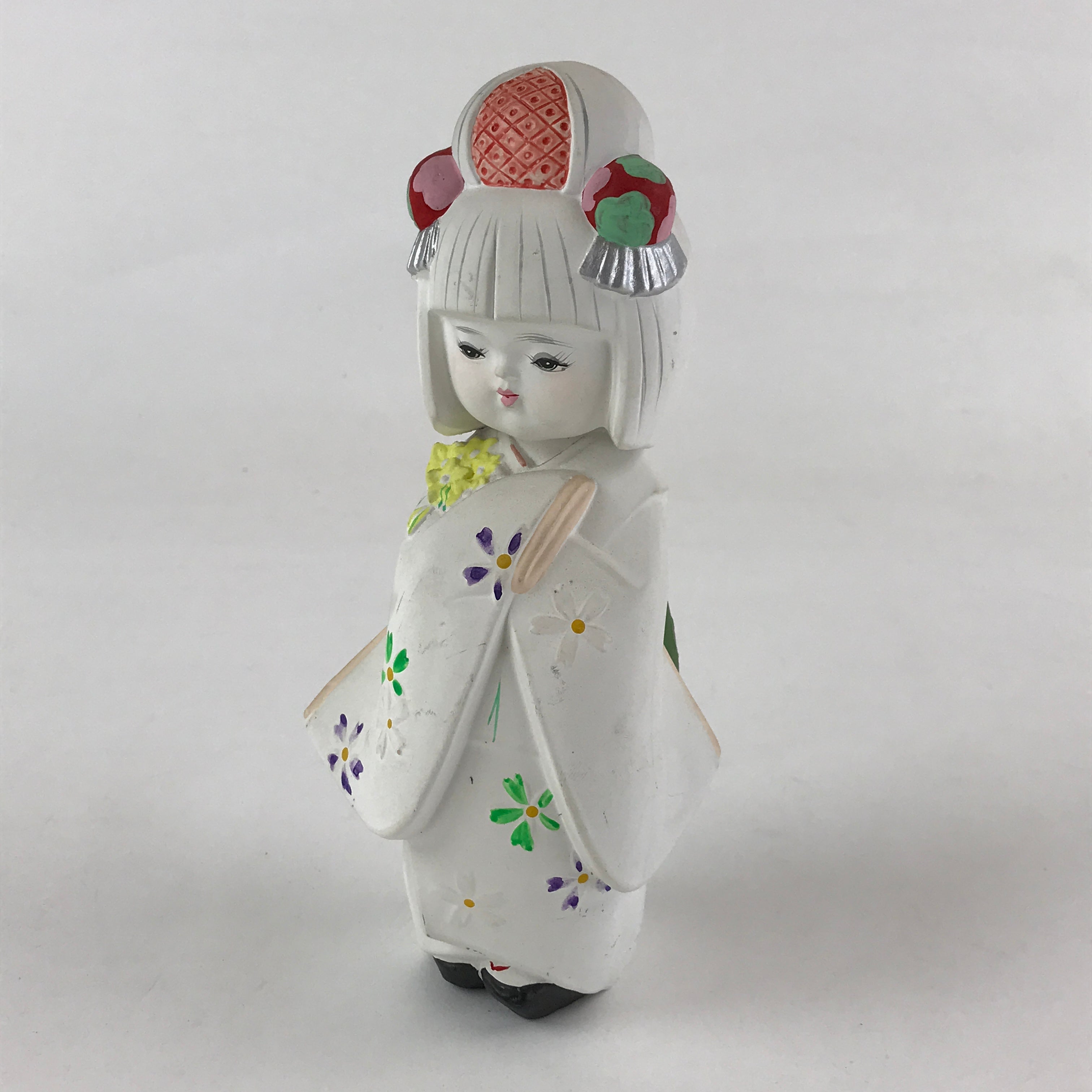 Japanese Hakata-Ningyo Clay Doll Traditional Handicraft Girl Kimono White BD897