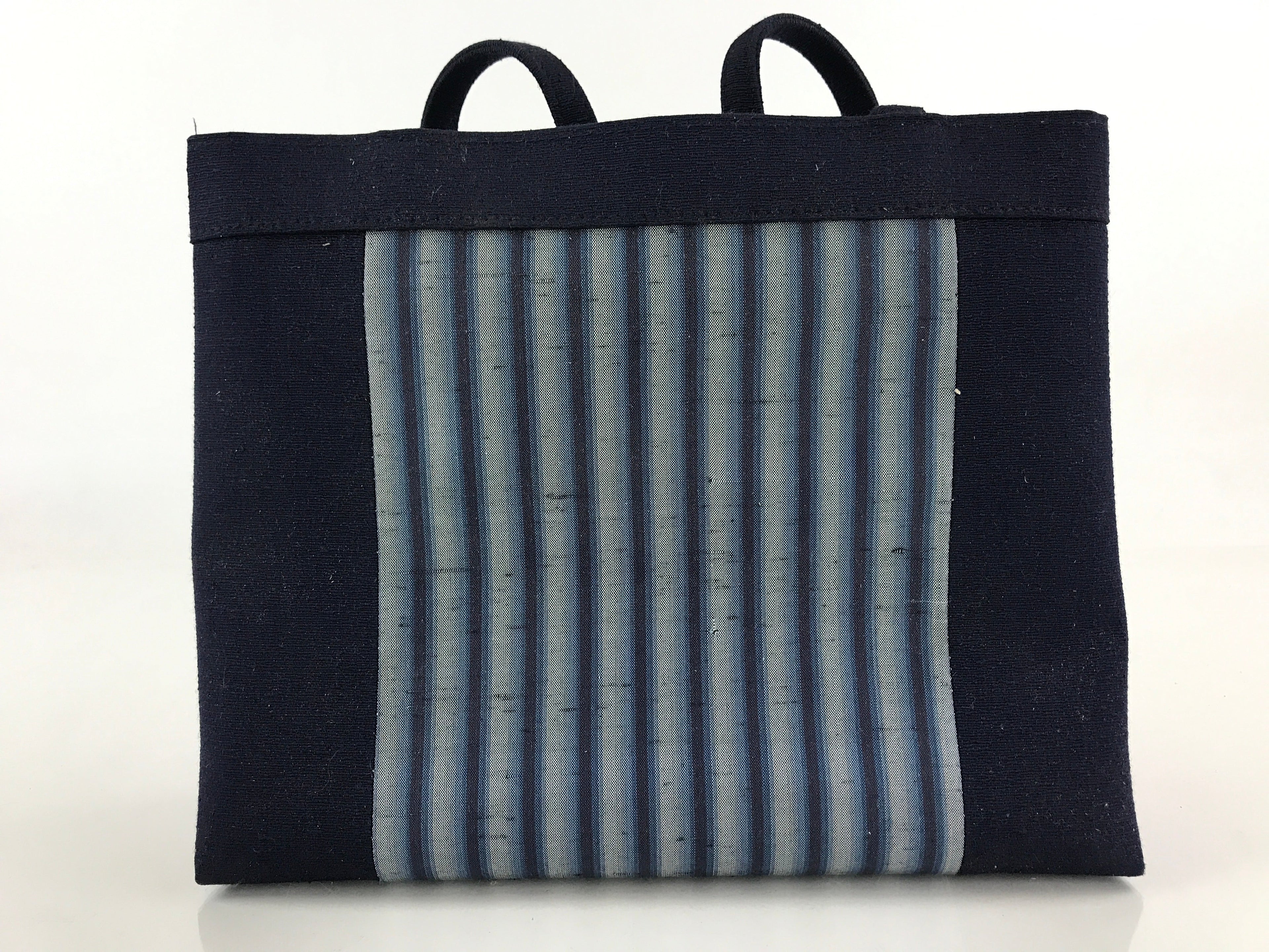 Japanese Handbag Vtg Handle Blue Strips Kimono Fabric Tesage-Bukuro KB61