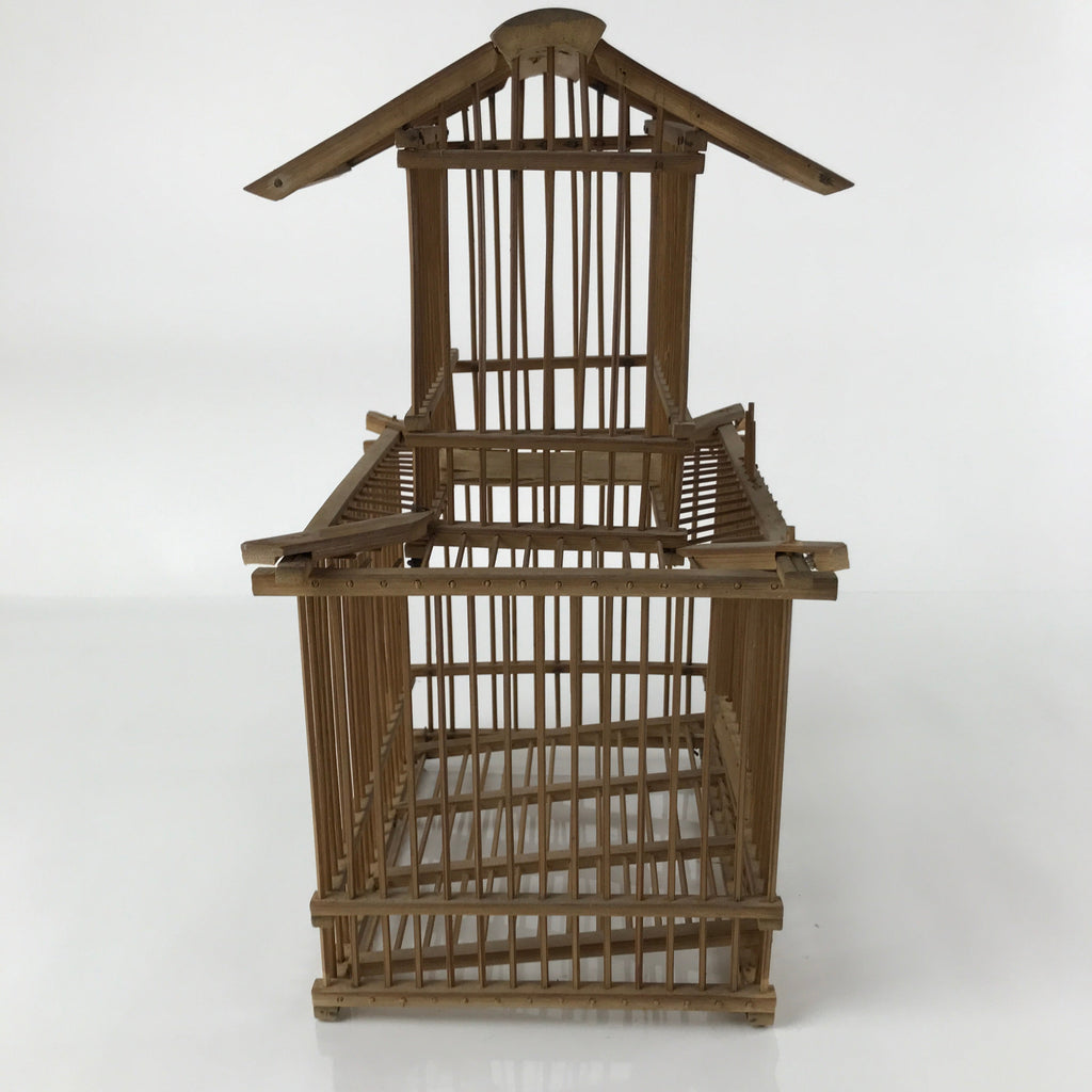 Japanese Handcrafted Bamboo Birdcage Torikago Vtg Two Tier Slide Door Brown B233