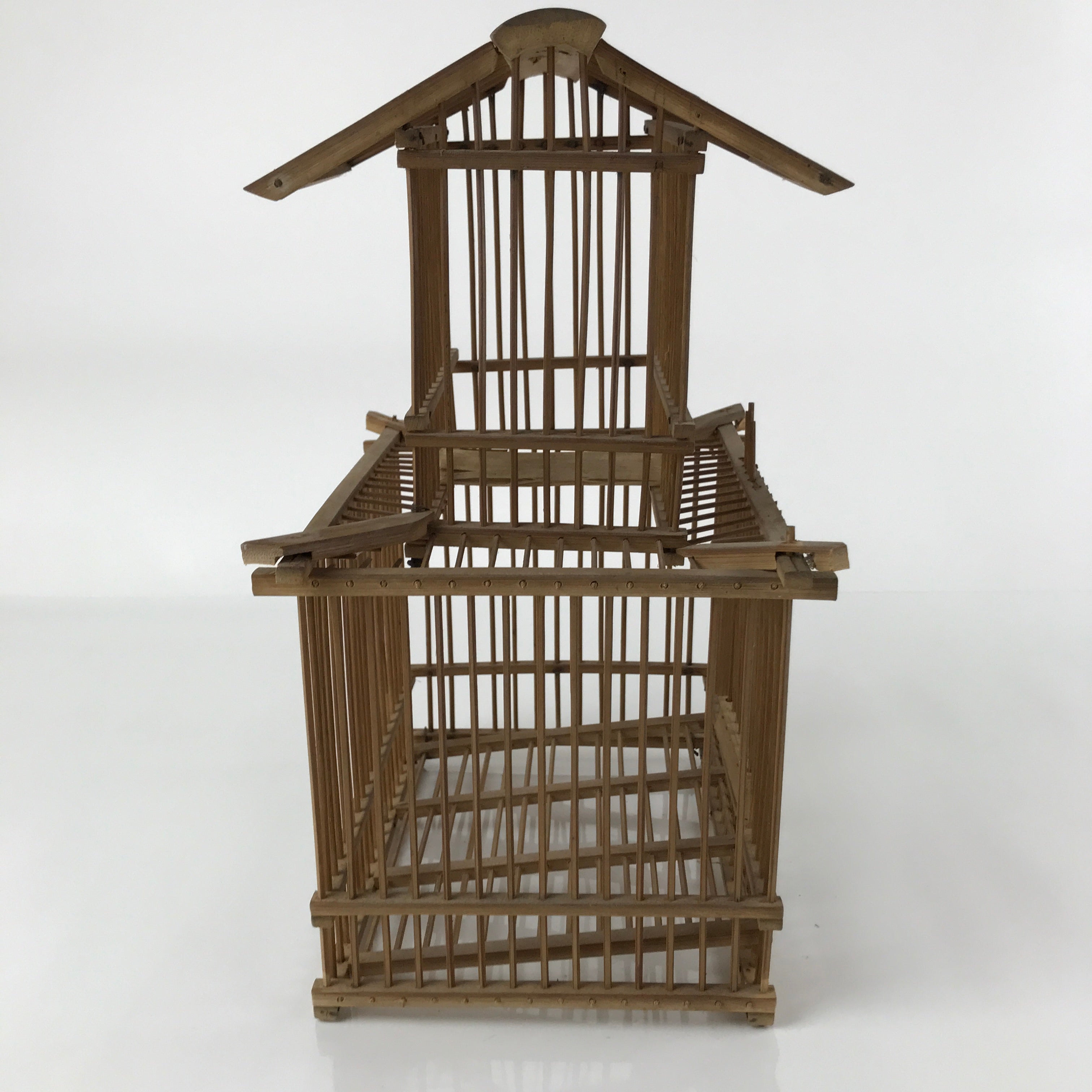 Japanese Handcrafted Bamboo Birdcage Torikago Vtg Two Tier Slide Door Brown B233