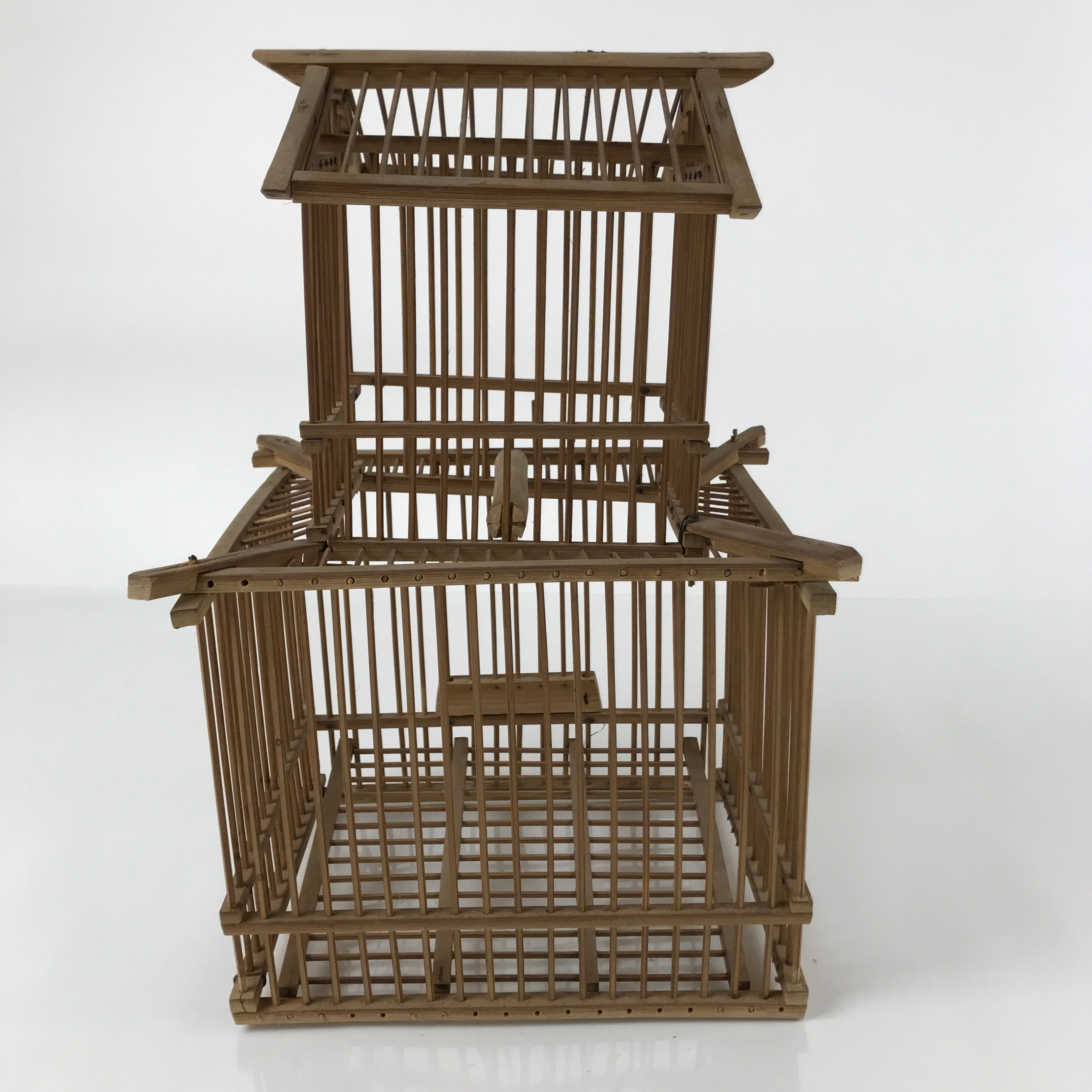 Japanese Handcrafted Bamboo Birdcage Torikago Vtg Two Tier Slide Door Brown B233