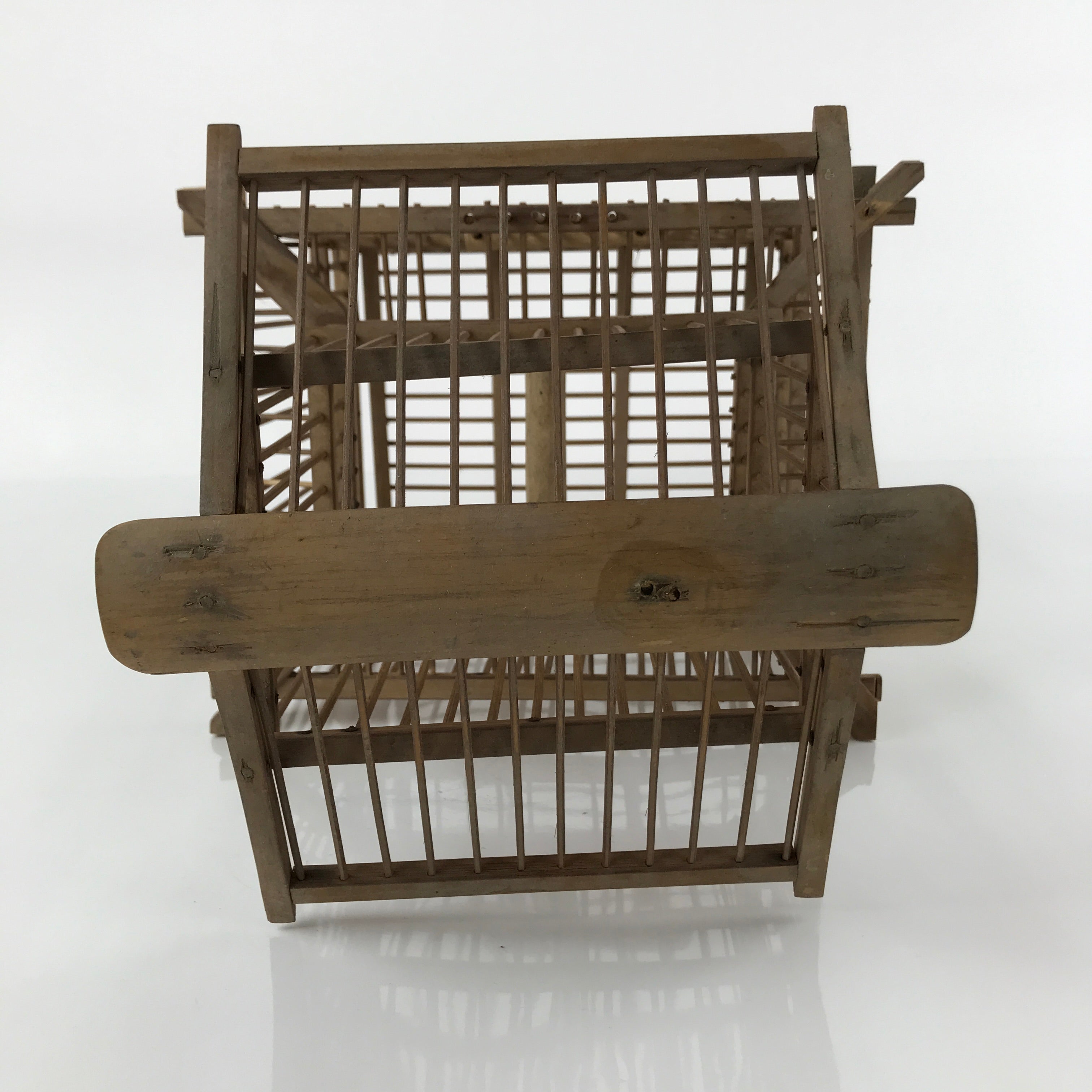 Japanese Handcrafted Bamboo Birdcage Torikago Vtg Two Tier Slide Door Brown B233