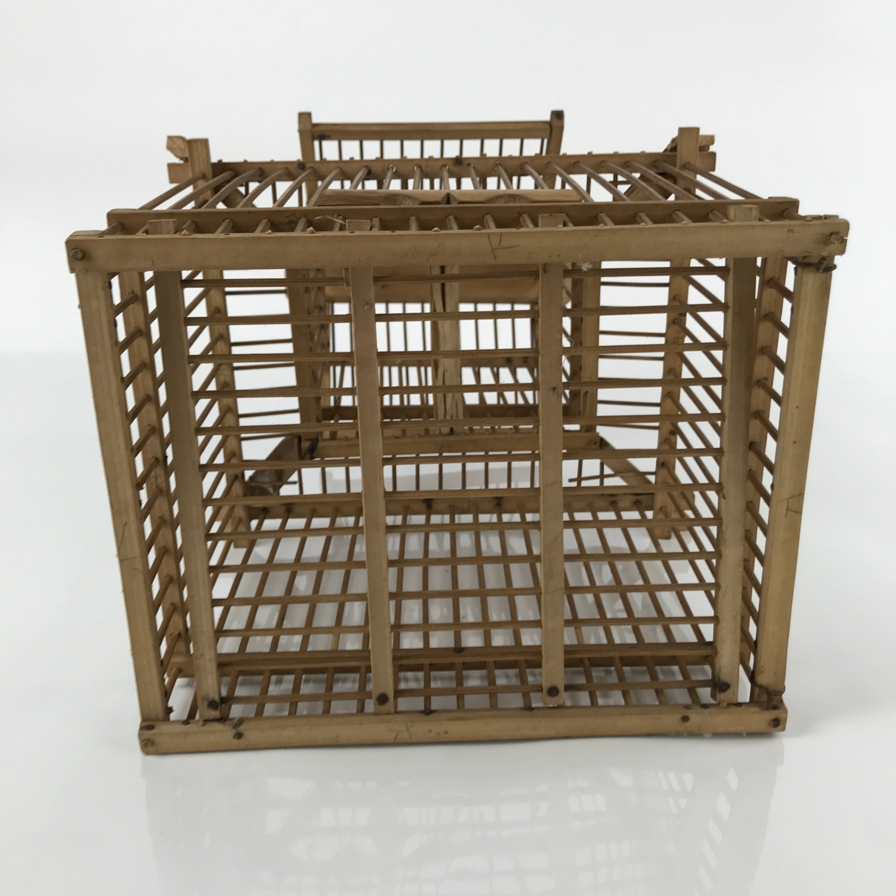 Japanese Handcrafted Bamboo Birdcage Torikago Vtg Two Tier Slide Door Brown B233