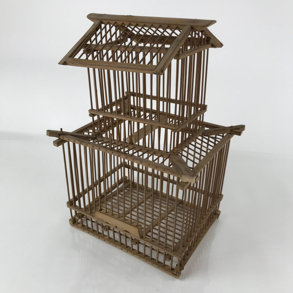 Japanese Handcrafted Bamboo Birdcage Torikago Vtg Two Tier Slide Door Brown B233