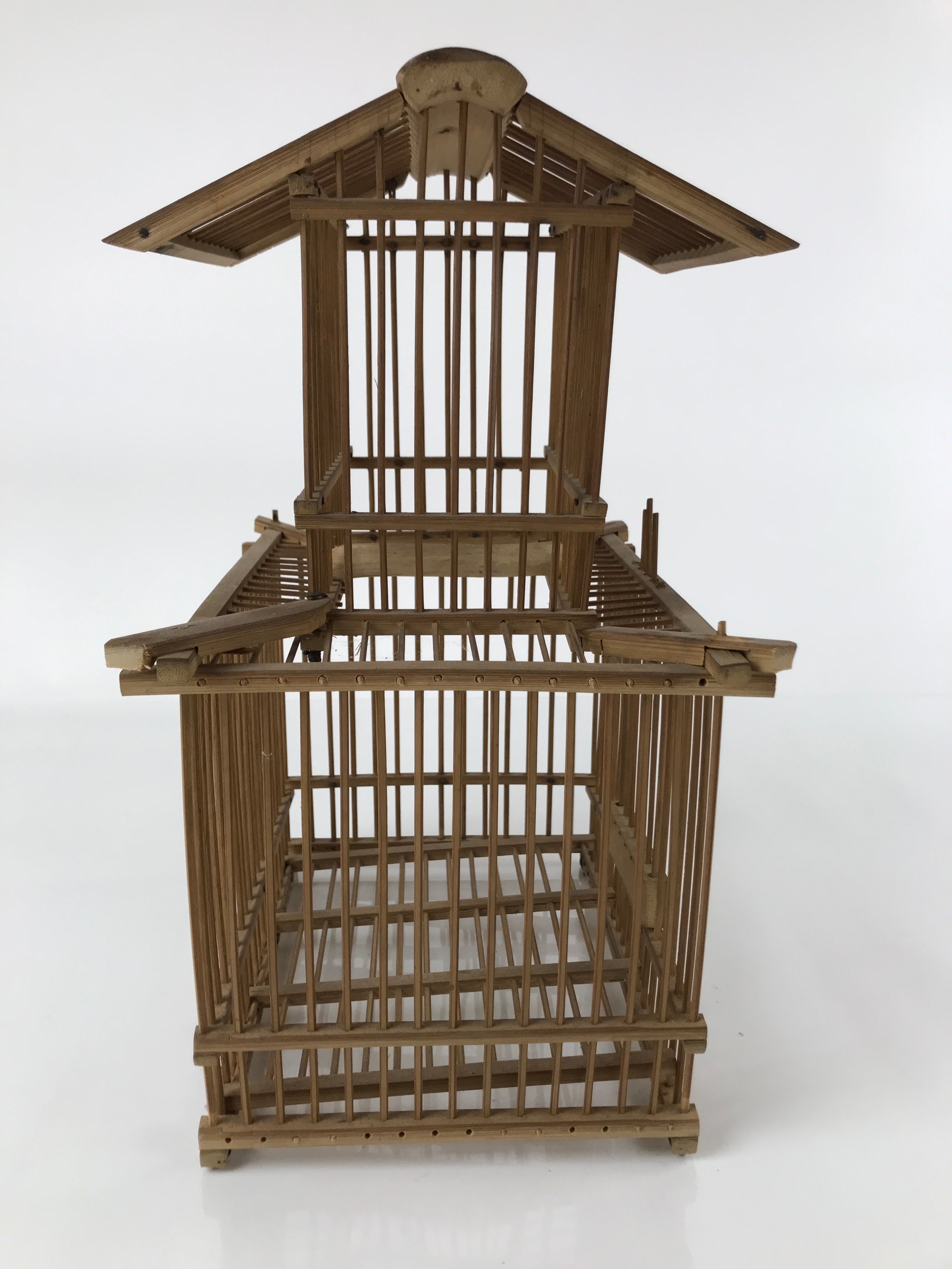 Japanese Handcrafted Bamboo Birdcage Torikago Vtg Two Tier Slide Door Brown B234