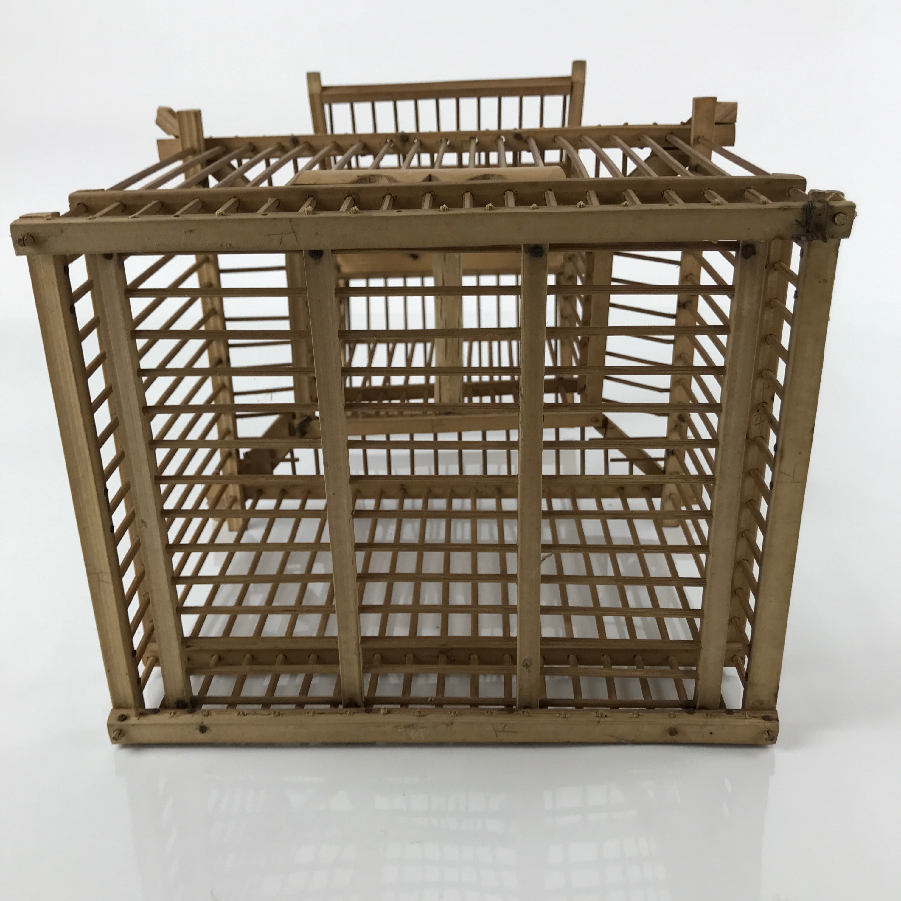 Japanese Handcrafted Bamboo Birdcage Torikago Vtg Two Tier Slide Door Brown B234