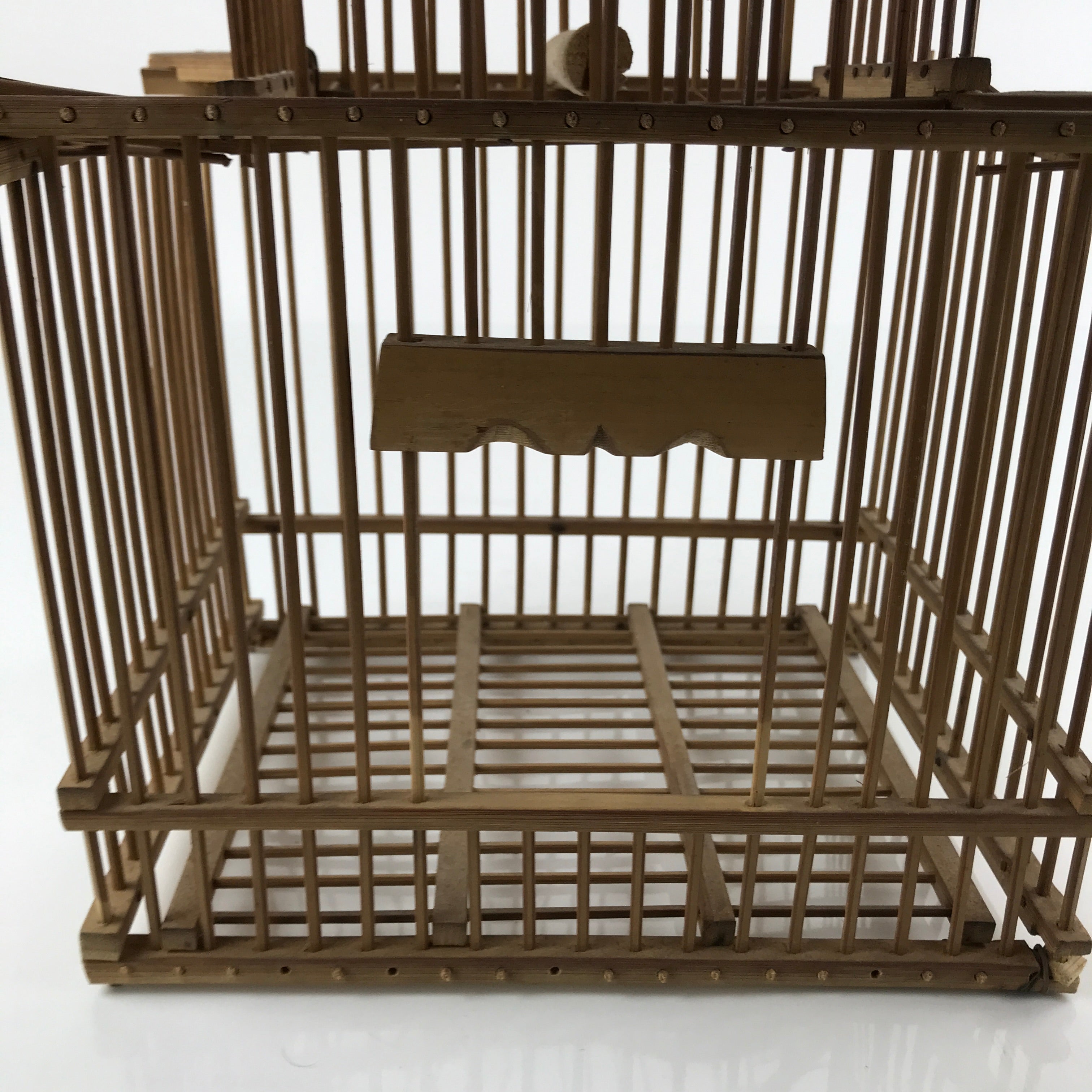 Japanese Handcrafted Bamboo Birdcage Torikago Vtg Two Tier Slide Door Brown B234