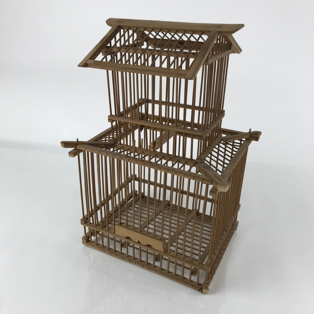Japanese Handcrafted Bamboo Birdcage Torikago Vtg Two Tier Slide Door Brown B234