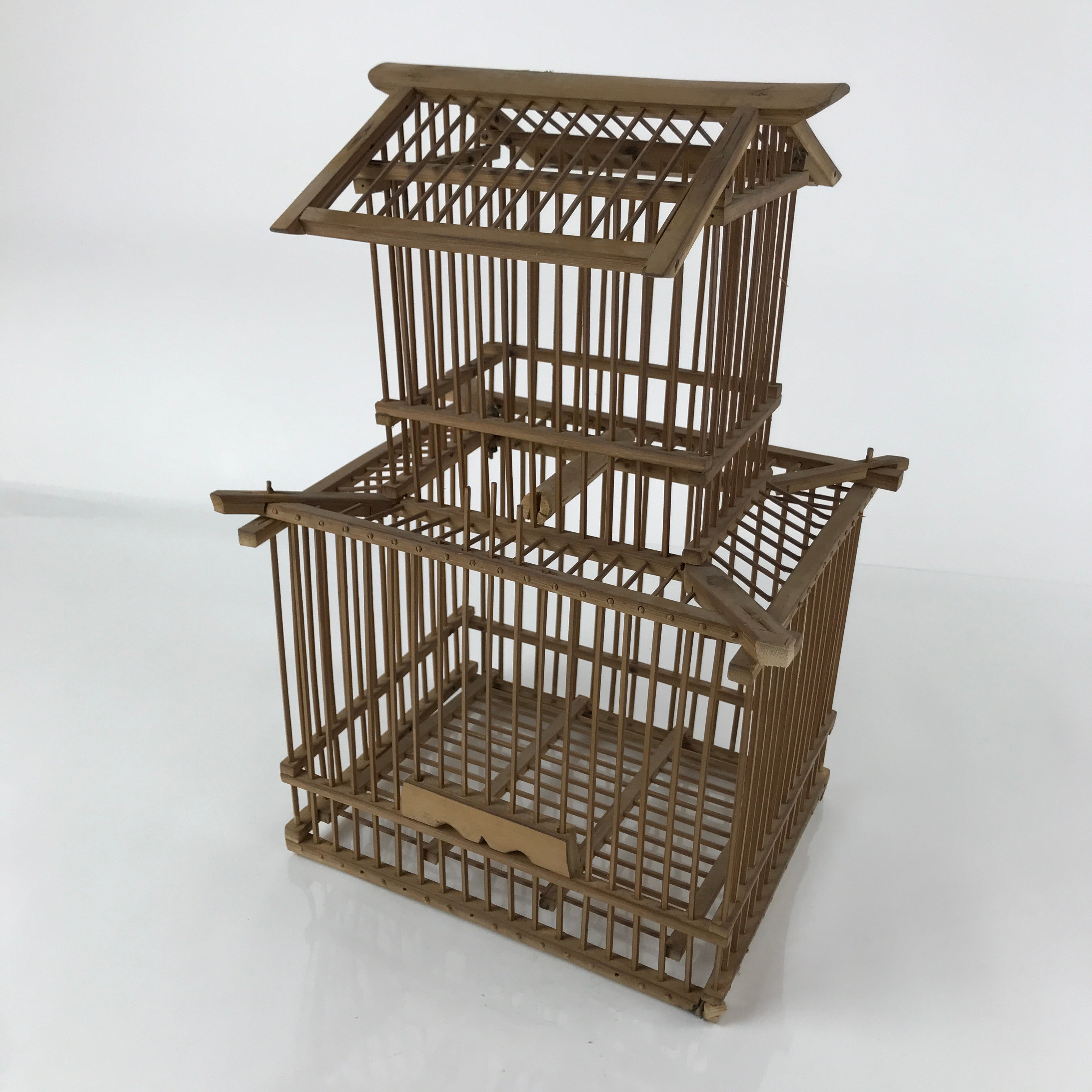 Japanese Handcrafted Bamboo Birdcage Torikago Vtg Two Tier Slide Door Brown B234