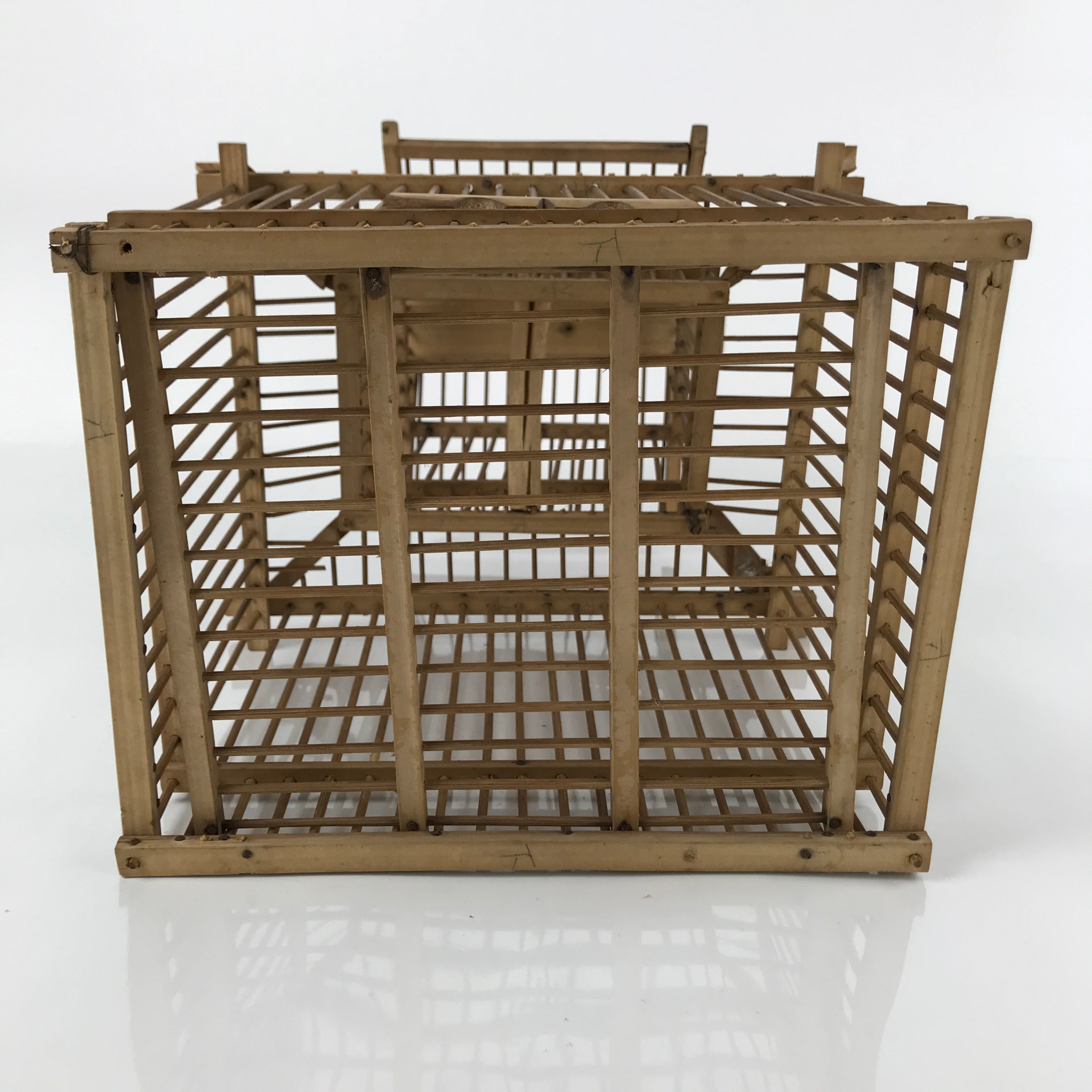 Japanese Handcrafted Bamboo Birdcage Torikago Vtg Two Tier Slide Door Brown B235