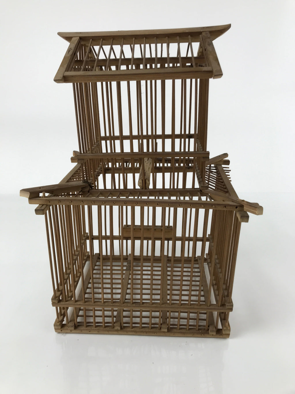 Japanese Handcrafted Bamboo Birdcage Torikago Vtg Two Tier Slide Door Brown B236