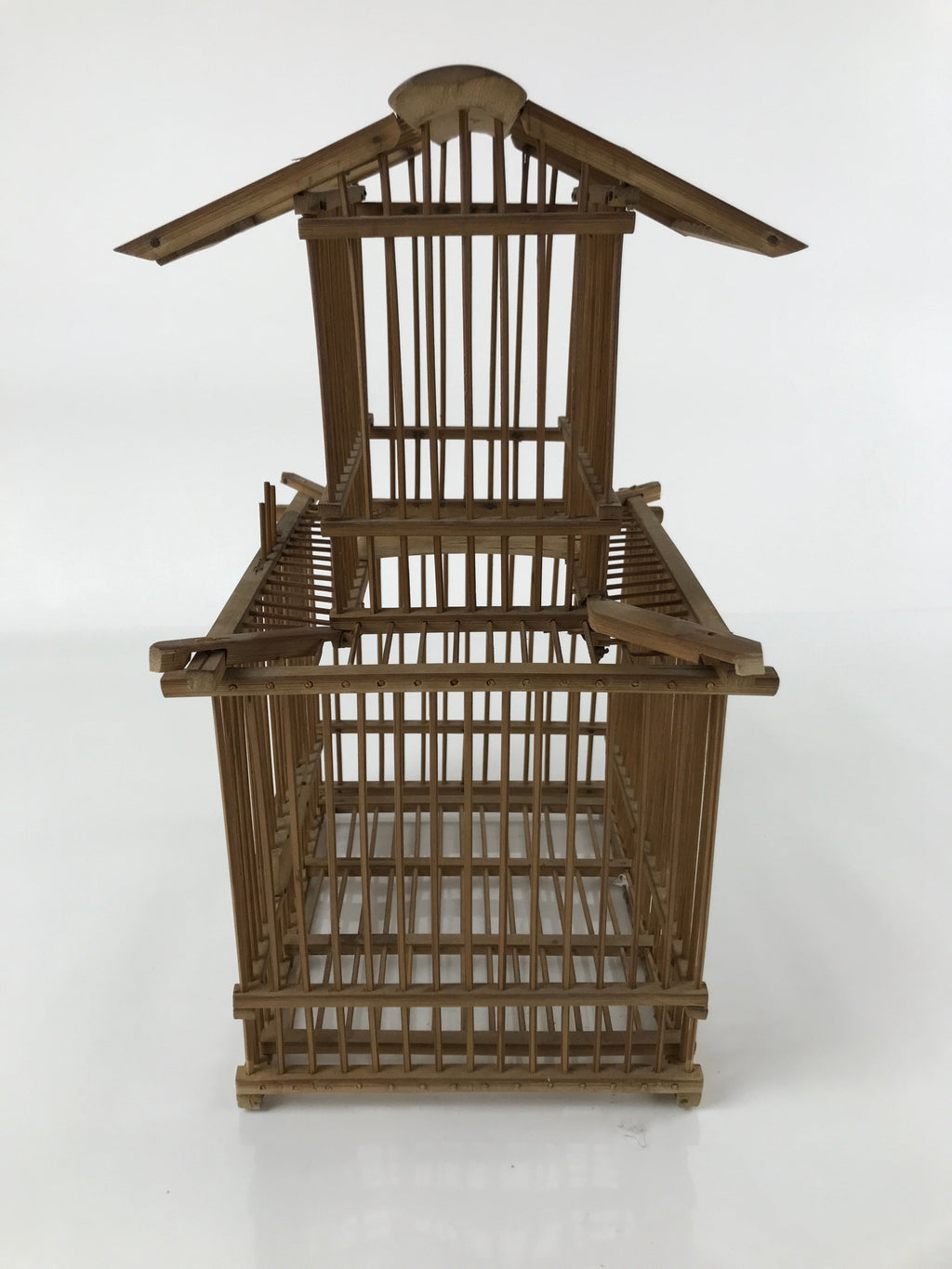 Japanese Handcrafted Bamboo Birdcage Torikago Vtg Two Tier Slide Door Brown B236