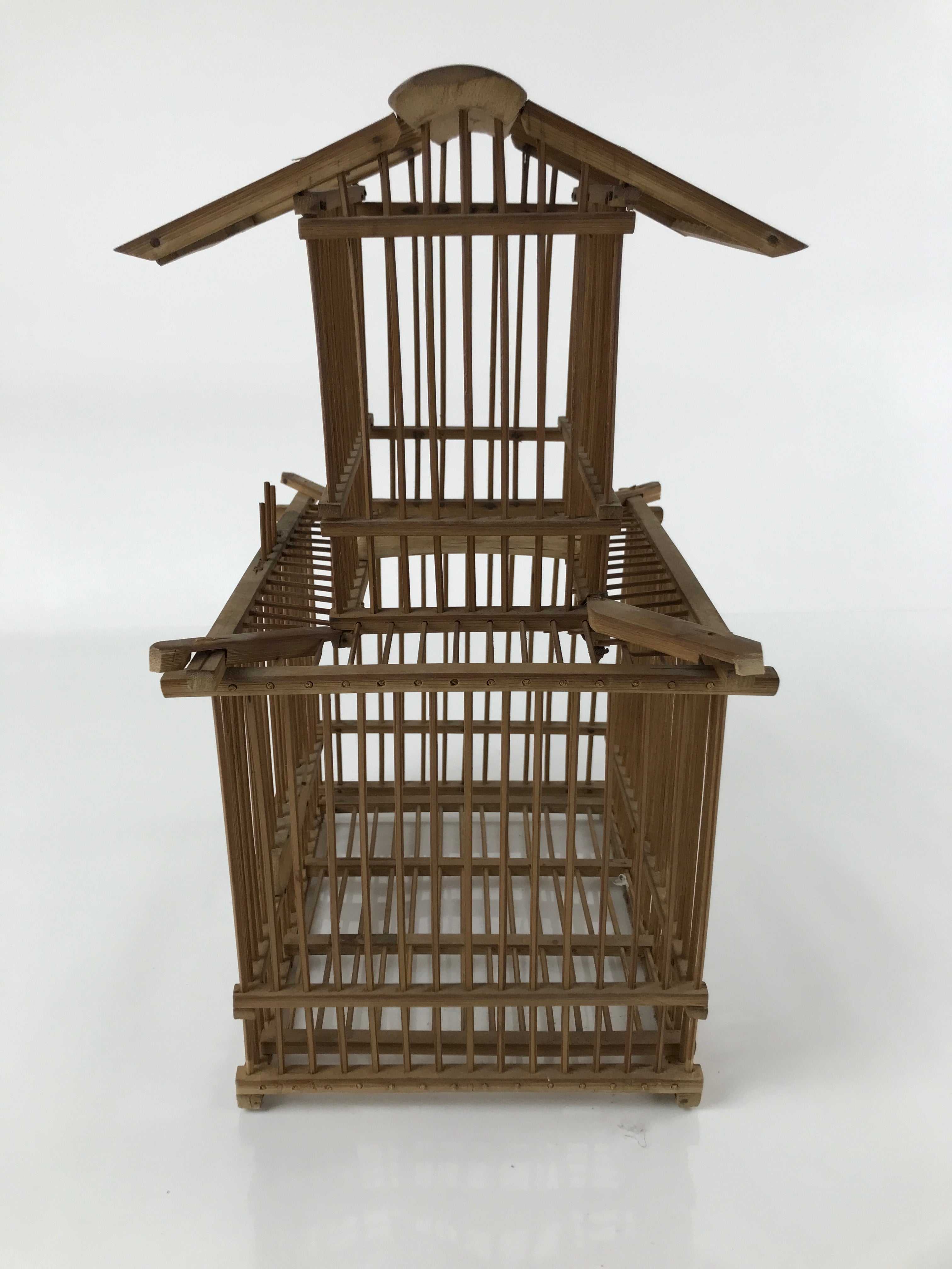 Japanese Handcrafted Bamboo Birdcage Torikago Vtg Two Tier Slide Door Brown B236