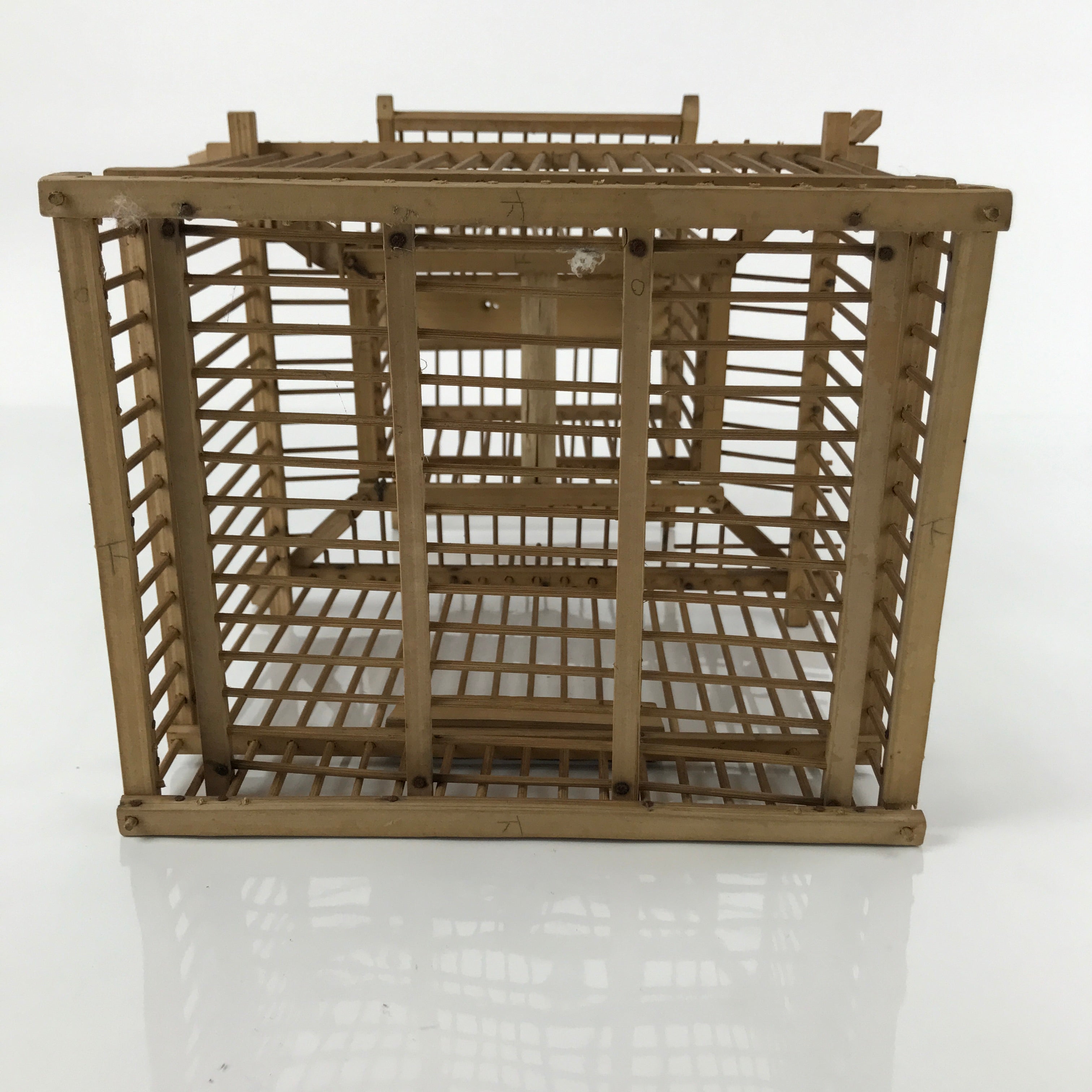 Japanese Handcrafted Bamboo Birdcage Torikago Vtg Two Tier Slide Door Brown B236