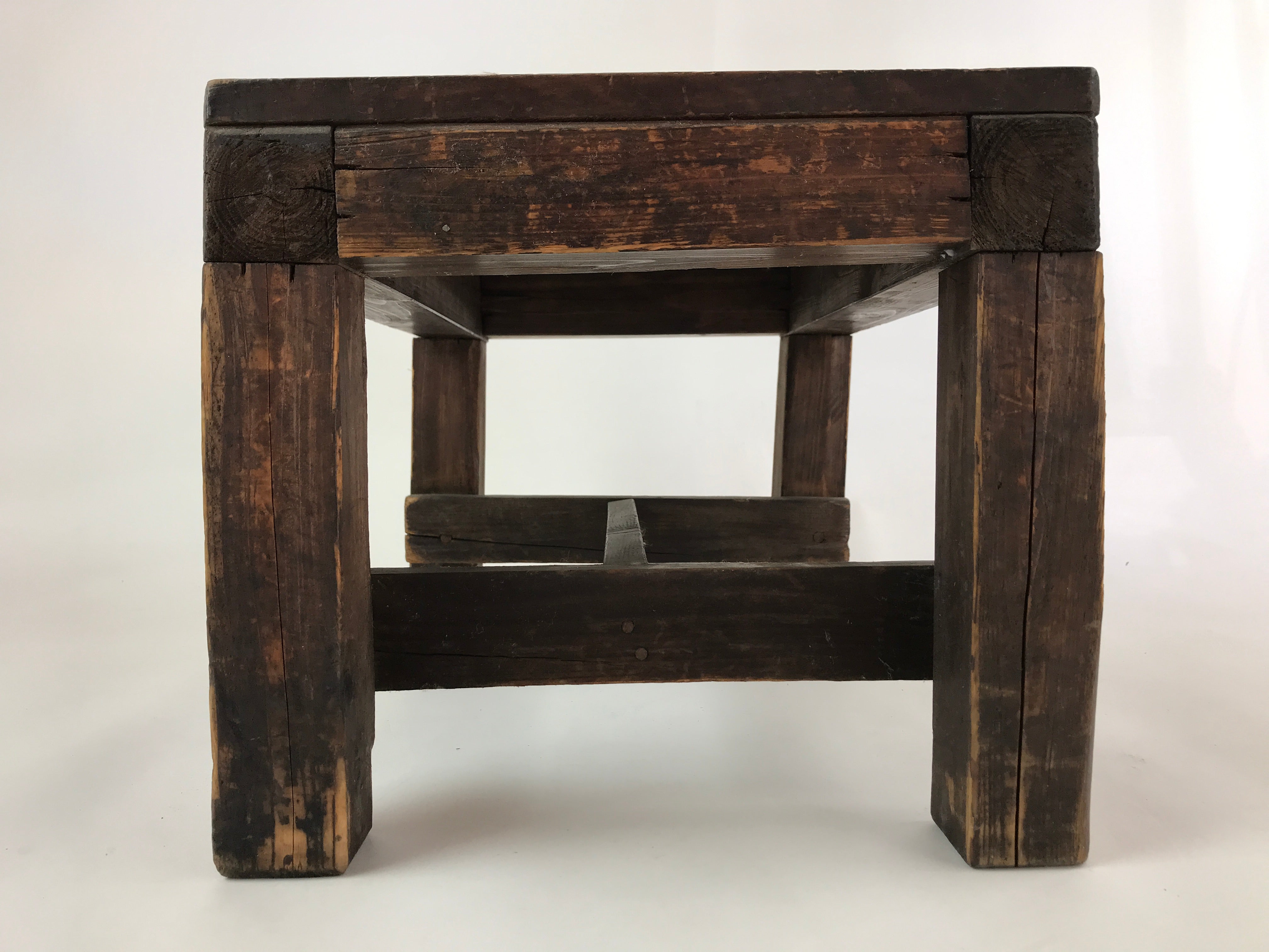 Japanese Handcrafted Wooden Bench Vtg Stool Small Table Shelf Brown JK608