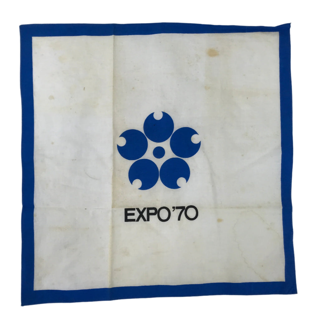 Japanese Handkerchief Vtg Bandana Fabric Expo 1970 Osaka White Blue JK815