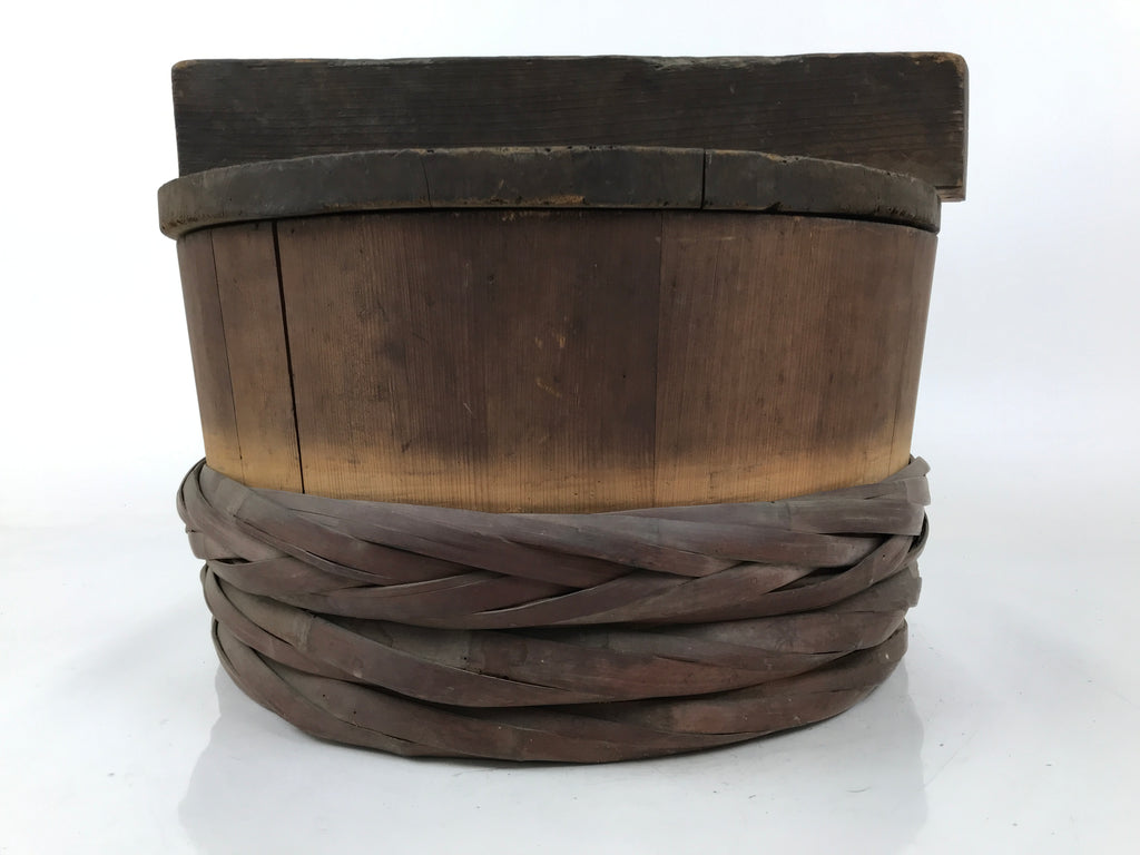 Japanese Handmade Lidded Wooden Oke Bucket Vtg Water Rice Pickles Bamboo BK46