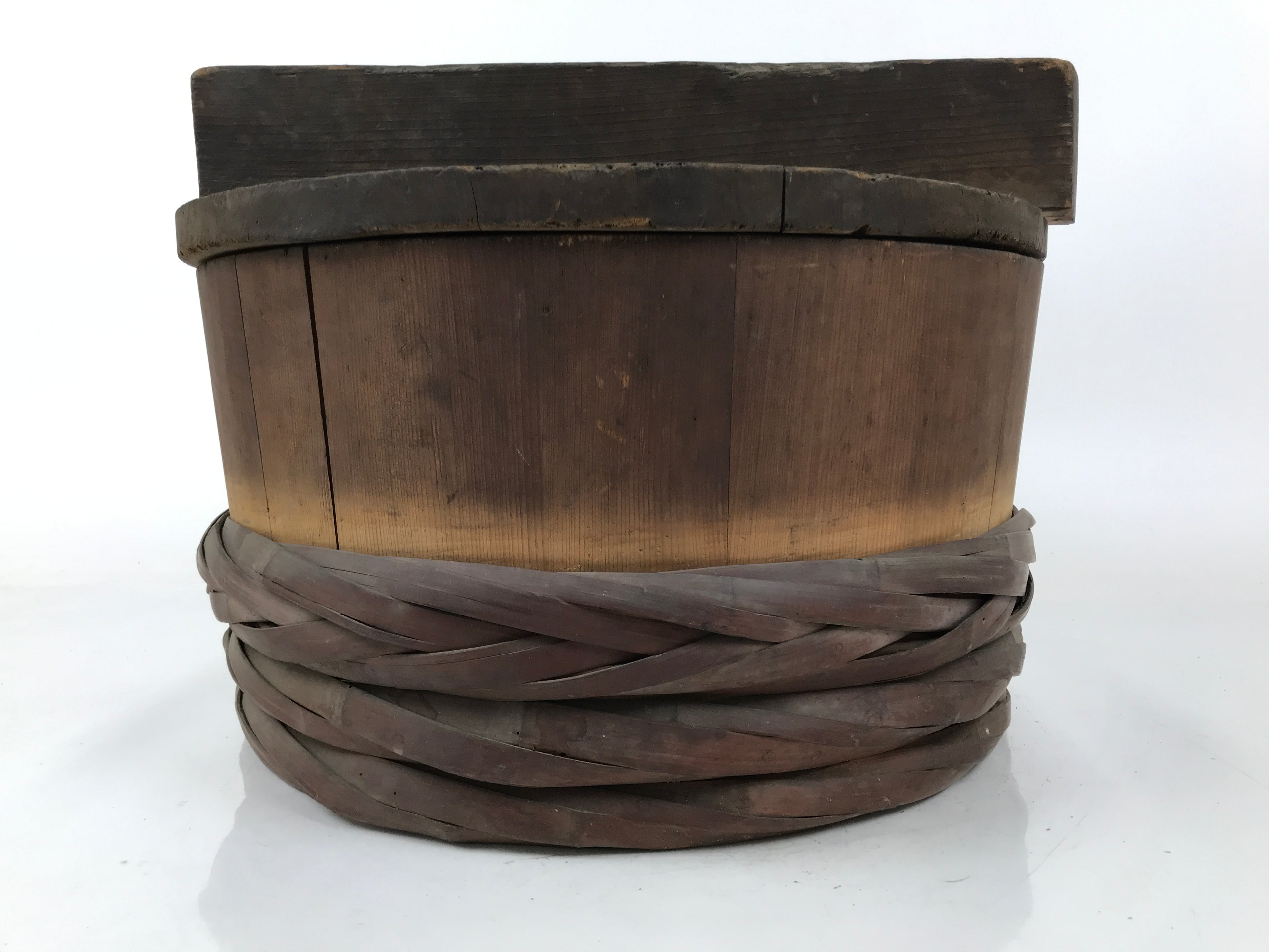 Japanese Handmade Lidded Wooden Oke Bucket Vtg Water Rice Pickles Bamboo BK46
