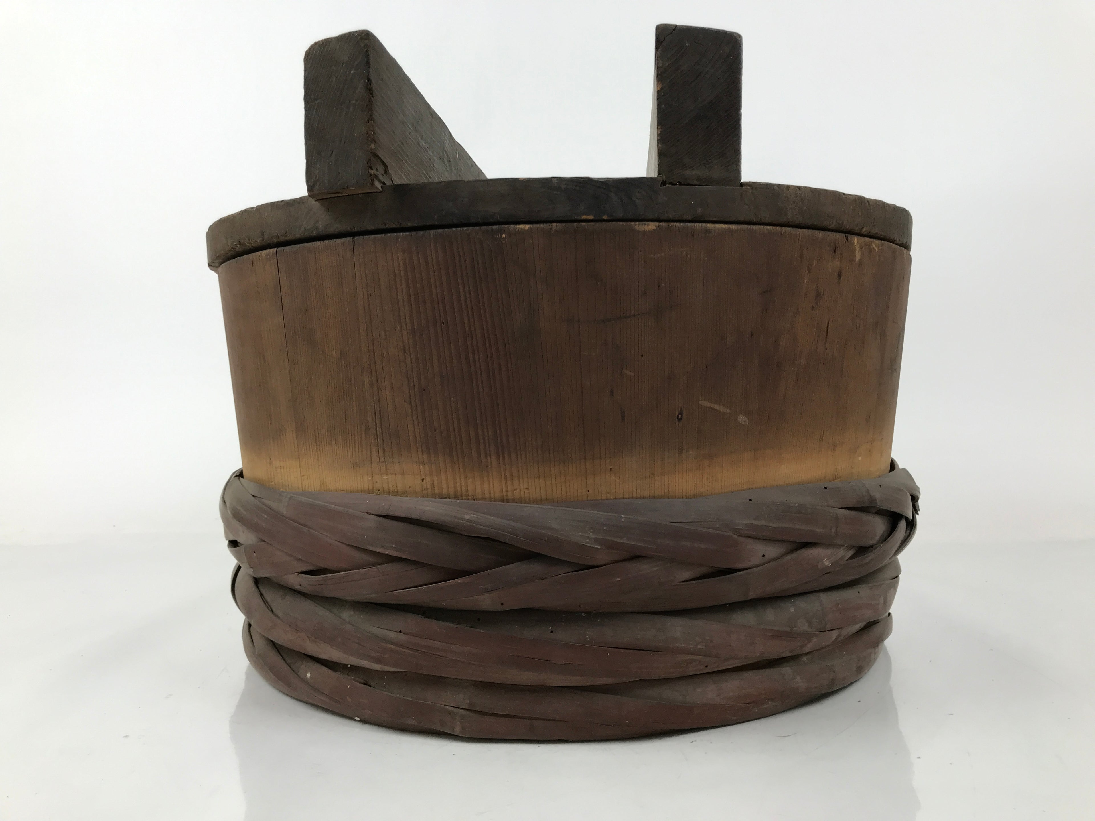 Japanese Handmade Lidded Wooden Oke Bucket Vtg Water Rice Pickles Bamboo BK46