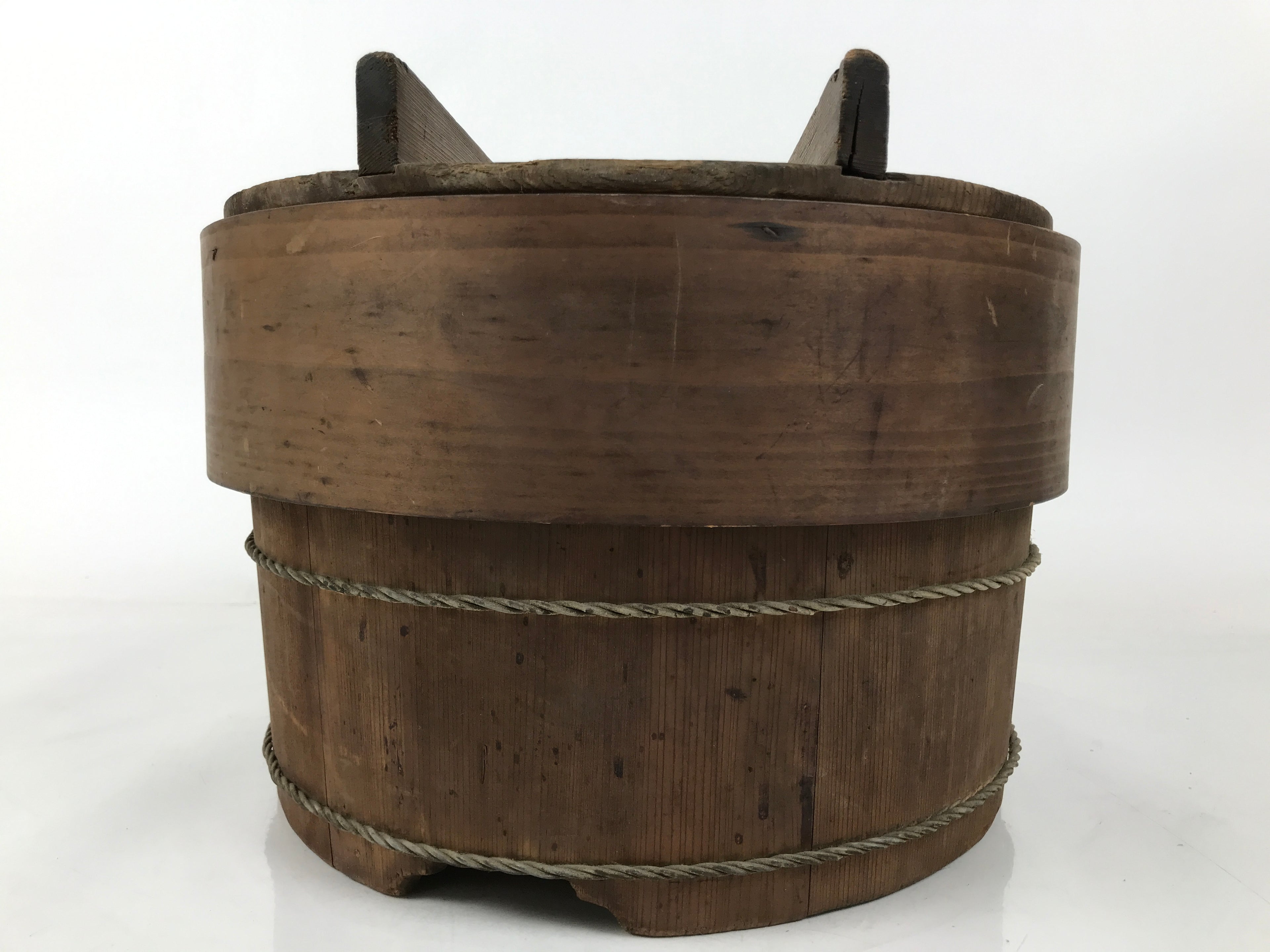 Japanese Handmade Lidded Wooden Oke Bucket Vtg Water Rice Sifting Screen BK45