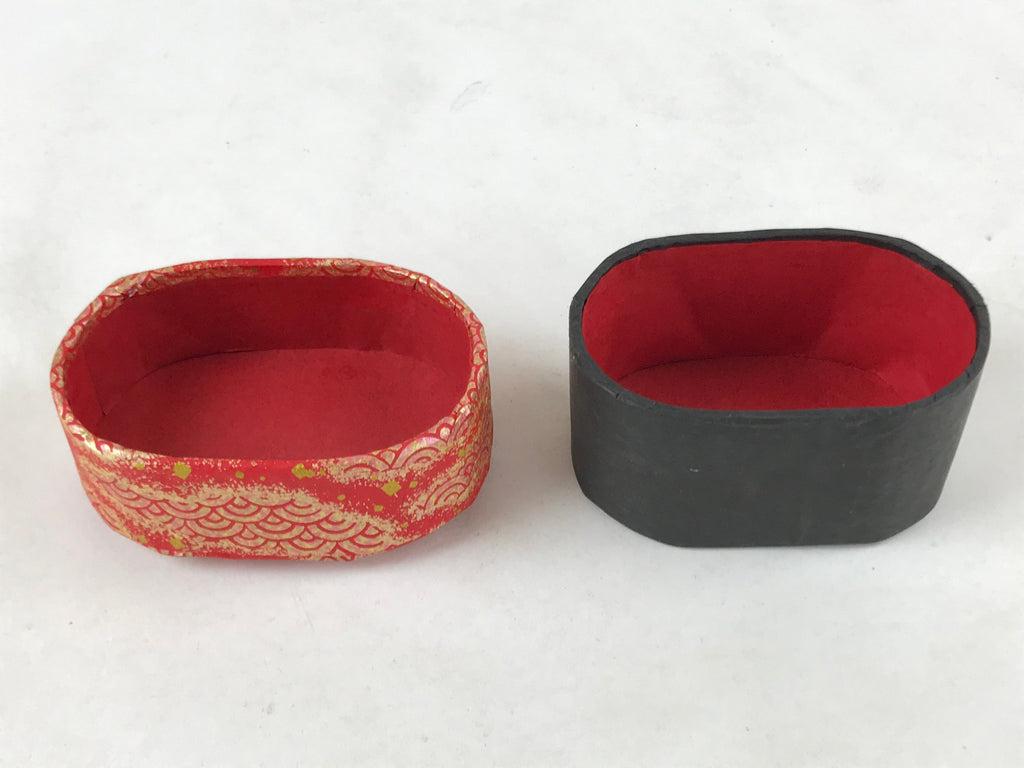 Japanese Handmade Paper Trinket Box Vtg Oval Komono Ire Washi Seigaiha Red JK663