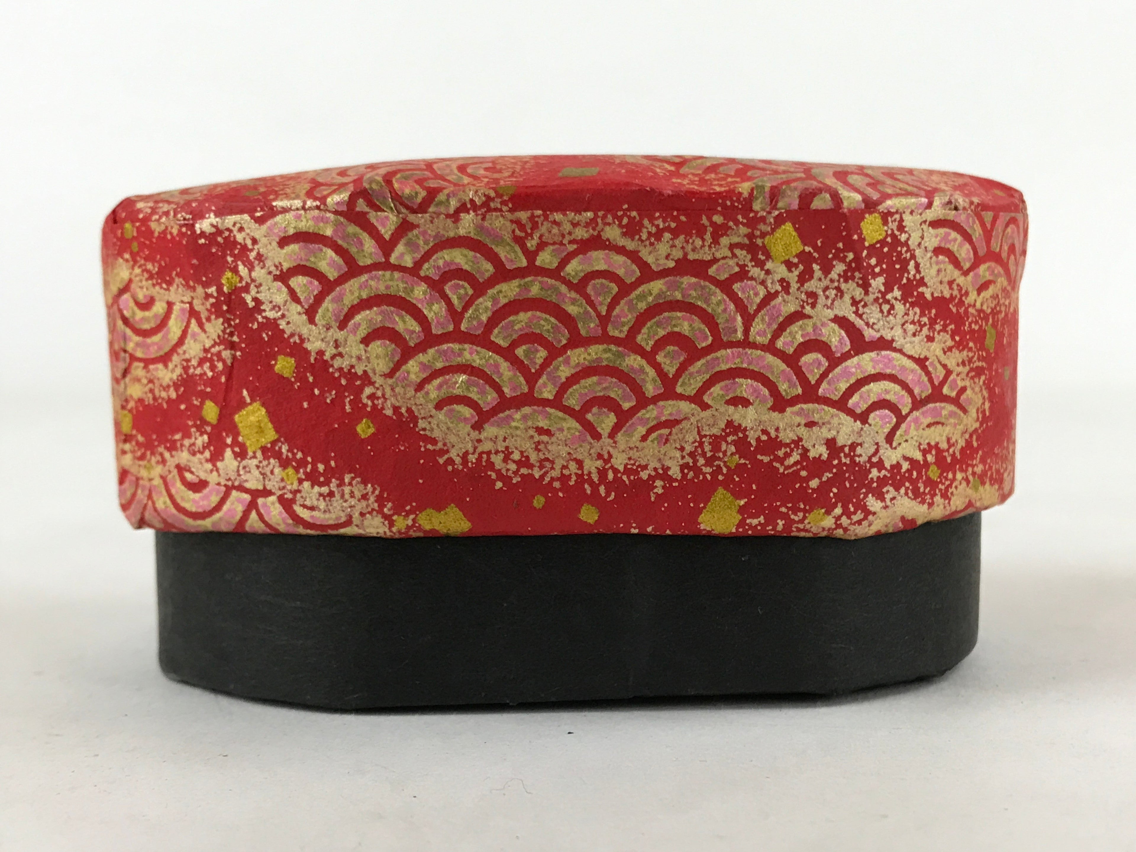 Japanese Handmade Paper Trinket Box Vtg Oval Komono Ire Washi Seigaiha Red JK663