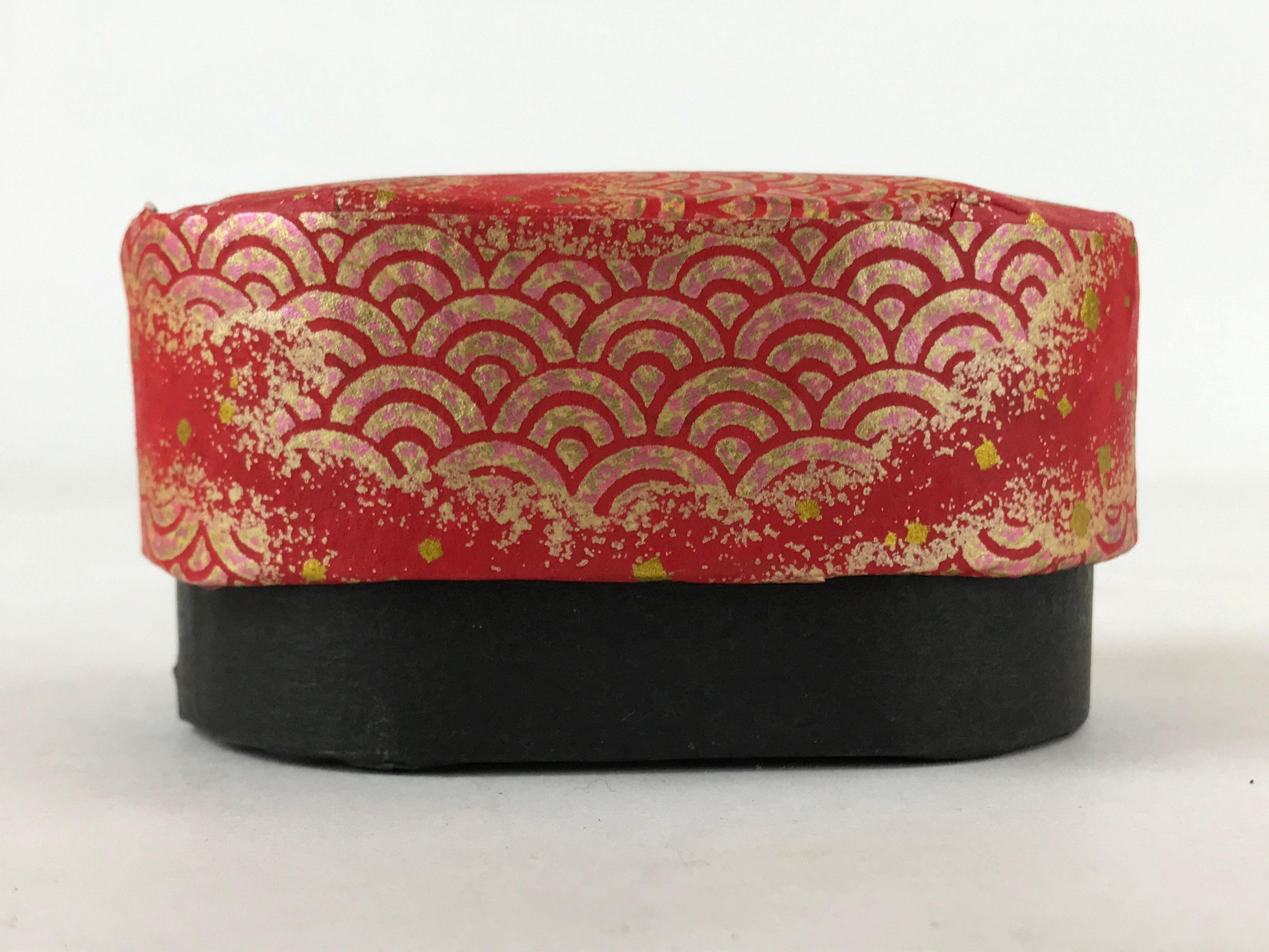 Japanese Handmade Paper Trinket Box Vtg Oval Komono Ire Washi Seigaiha Red JK663