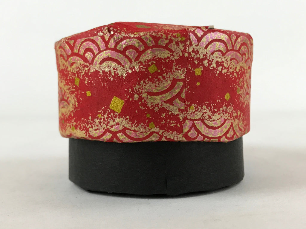 Japanese Handmade Paper Trinket Box Vtg Oval Komono Ire Washi Seigaiha Red JK663
