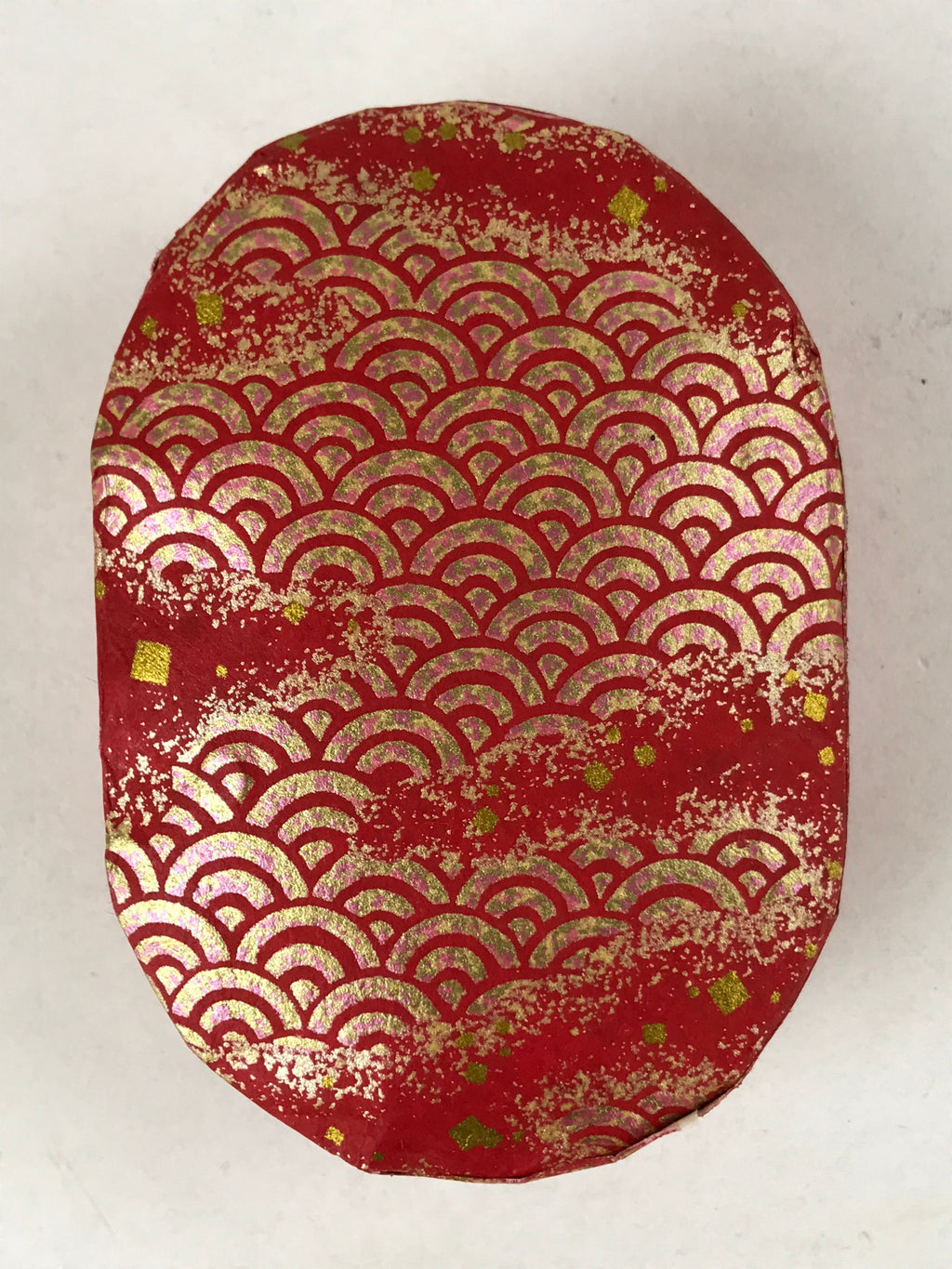 Japanese Handmade Paper Trinket Box Vtg Oval Komono Ire Washi Seigaiha Red JK663