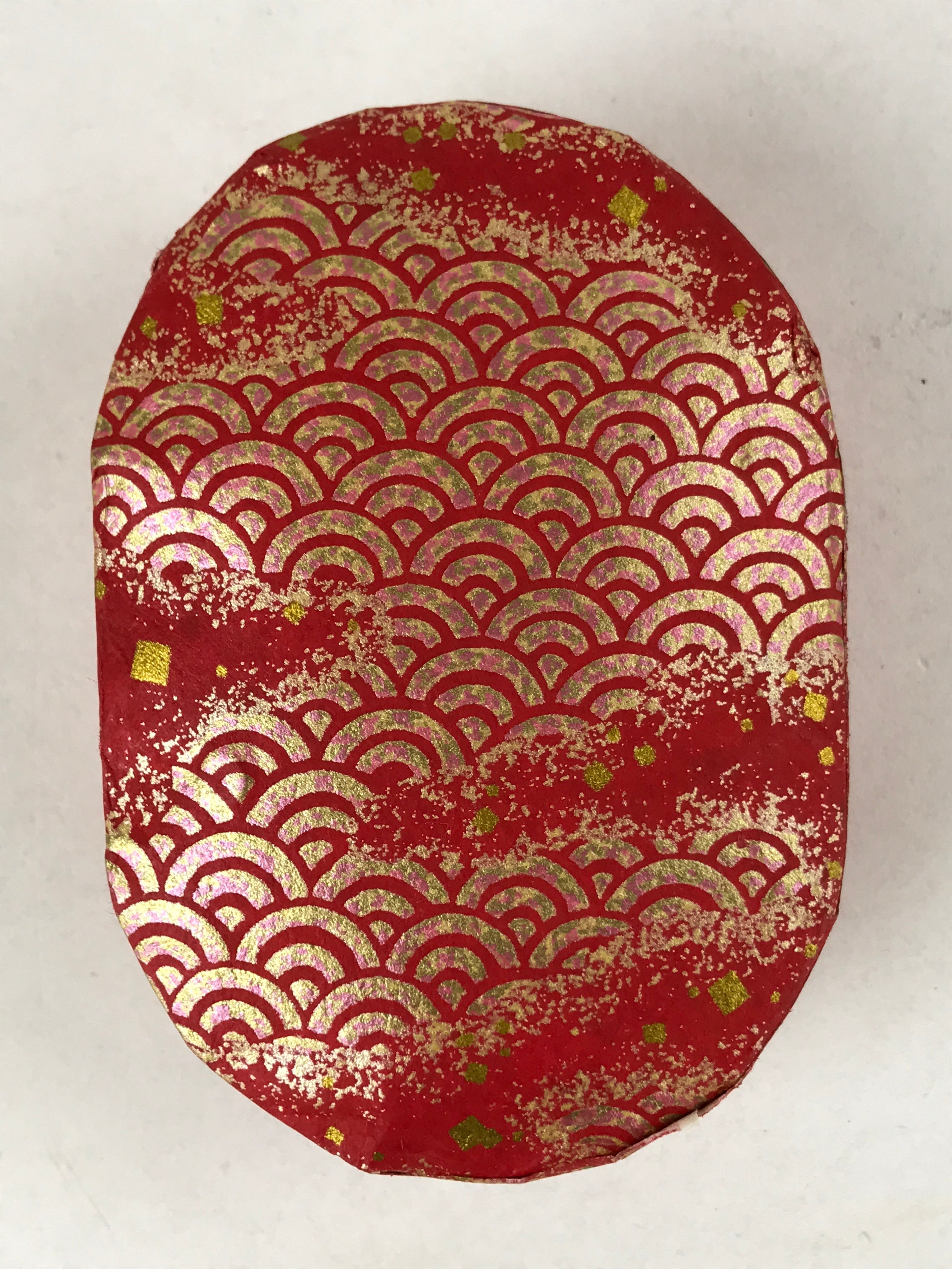 Japanese Handmade Paper Trinket Box Vtg Oval Komono Ire Washi Seigaiha Red JK663