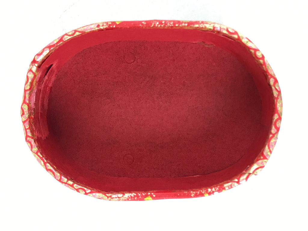 Japanese Handmade Paper Trinket Box Vtg Oval Komono Ire Washi Seigaiha Red JK663