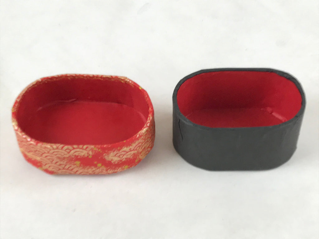 Japanese Handmade Paper Trinket Box Vtg Oval Komono Ire Washi Seigaiha Red JK664