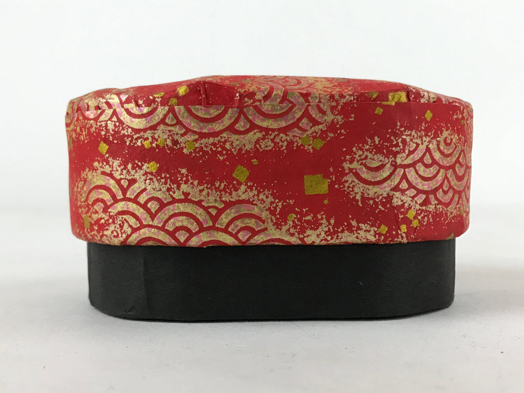 Japanese Handmade Paper Trinket Box Vtg Oval Komono Ire Washi Seigaiha Red JK664