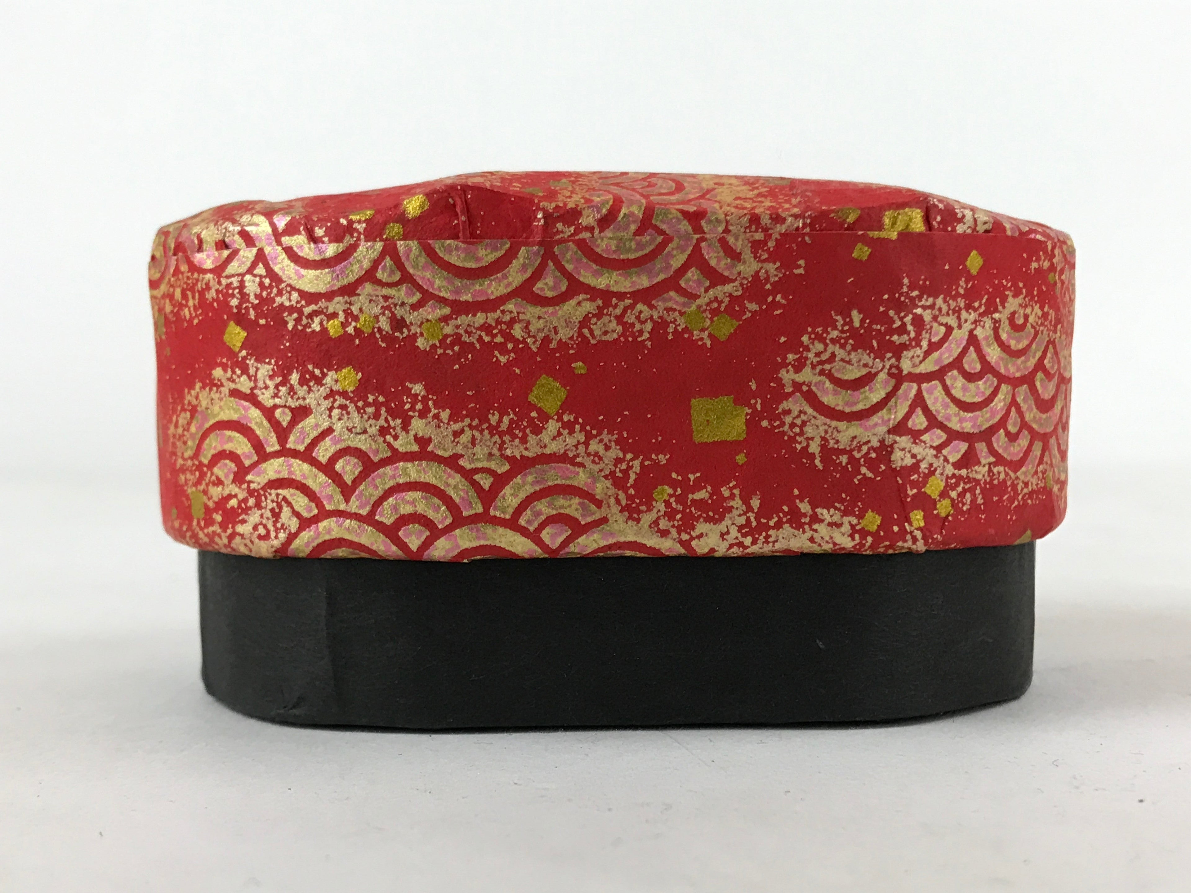 Japanese Handmade Paper Trinket Box Vtg Oval Komono Ire Washi Seigaiha Red JK664