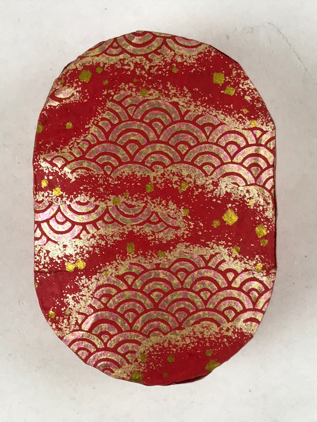 Japanese Handmade Paper Trinket Box Vtg Oval Komono Ire Washi Seigaiha Red JK664