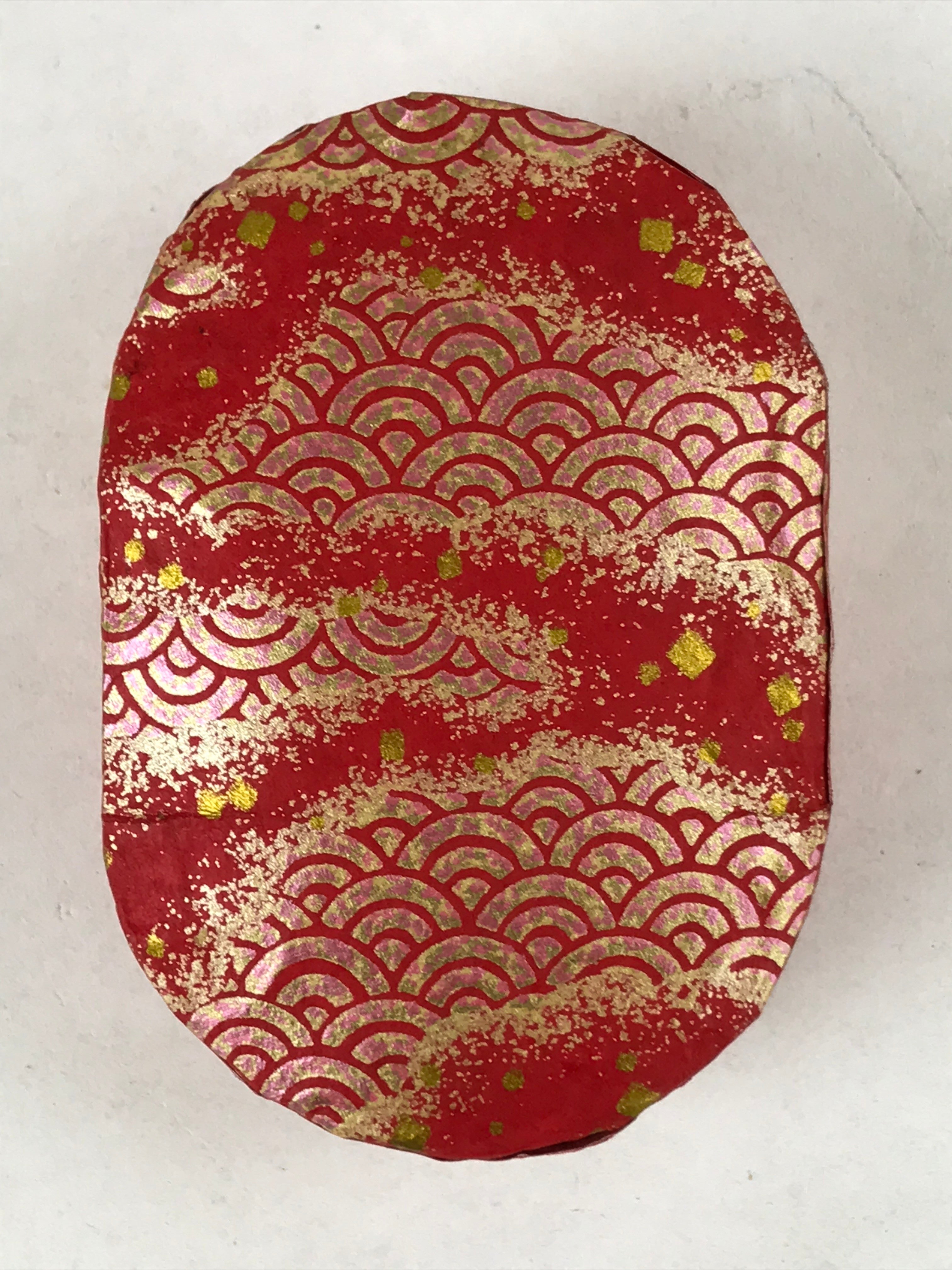 Japanese Handmade Paper Trinket Box Vtg Oval Komono Ire Washi Seigaiha Red JK664