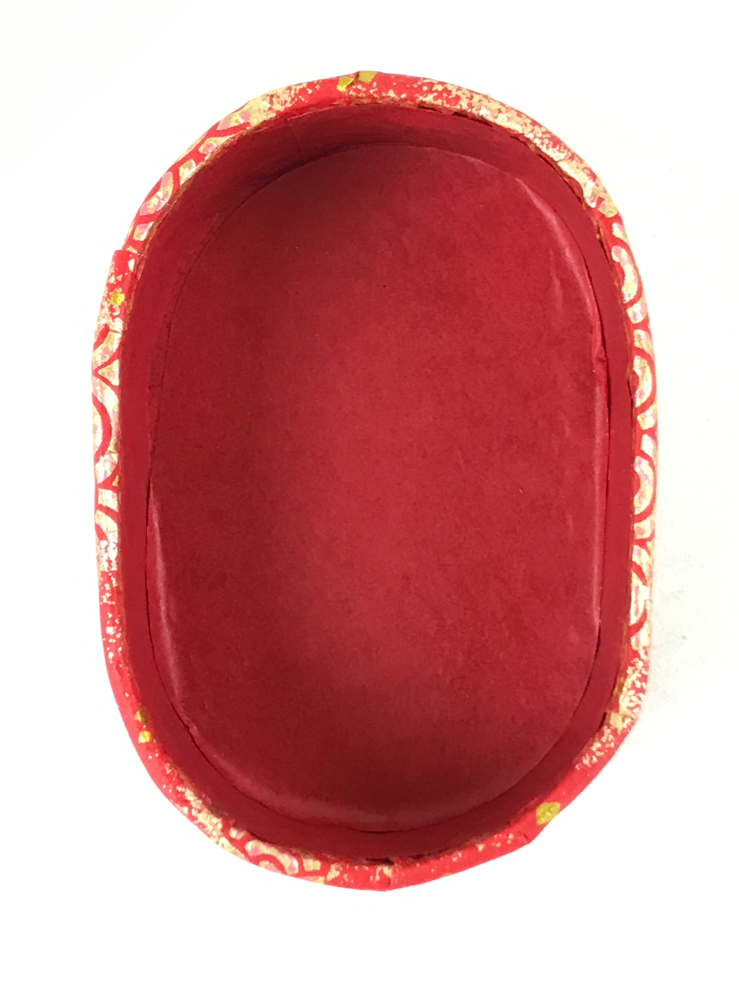 Japanese Handmade Paper Trinket Box Vtg Oval Komono Ire Washi Seigaiha Red JK664