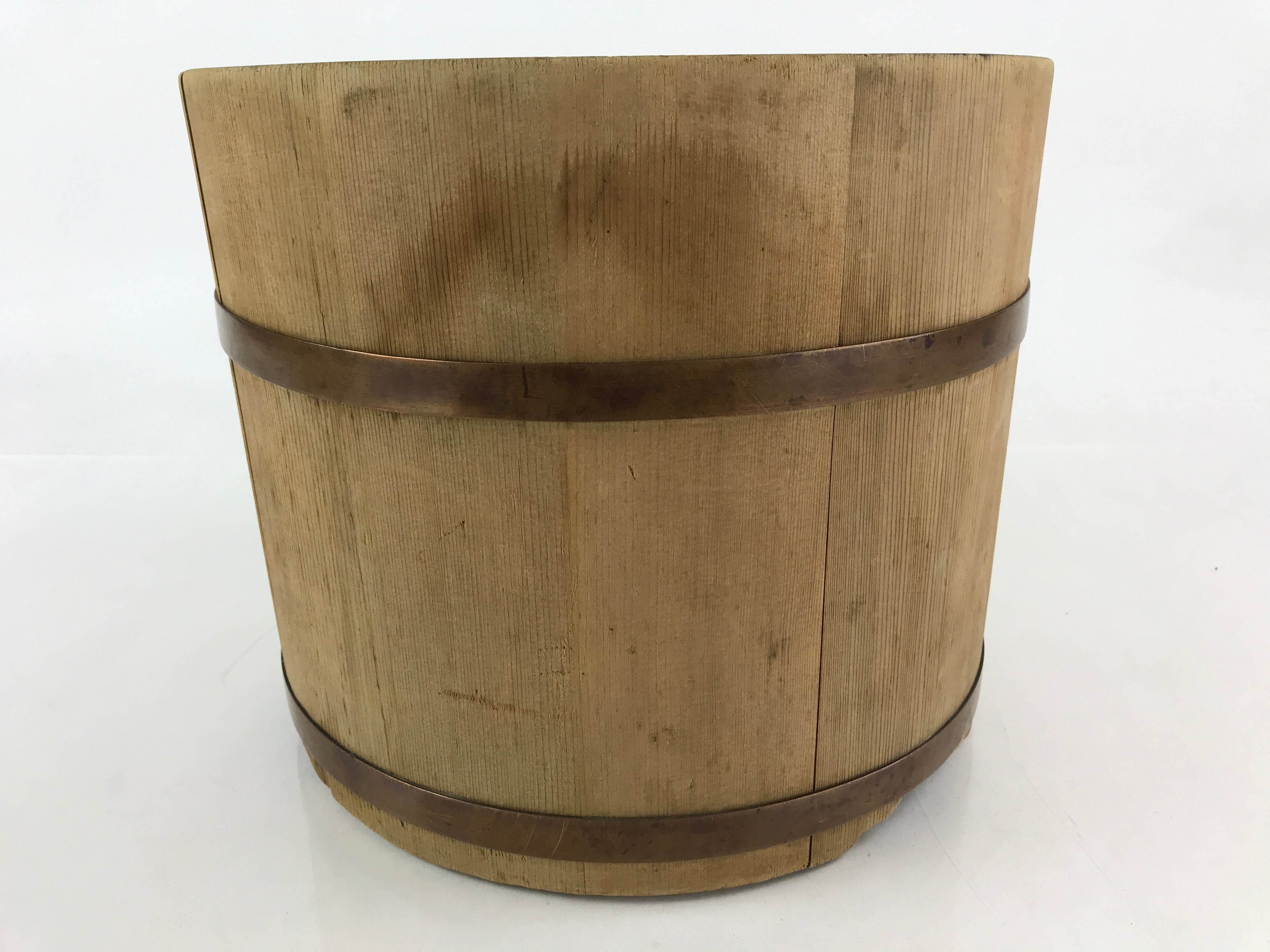 Japanese Handmade Wooden Oke Bucket Vtg Water Rice Storage Brown Copper BK18