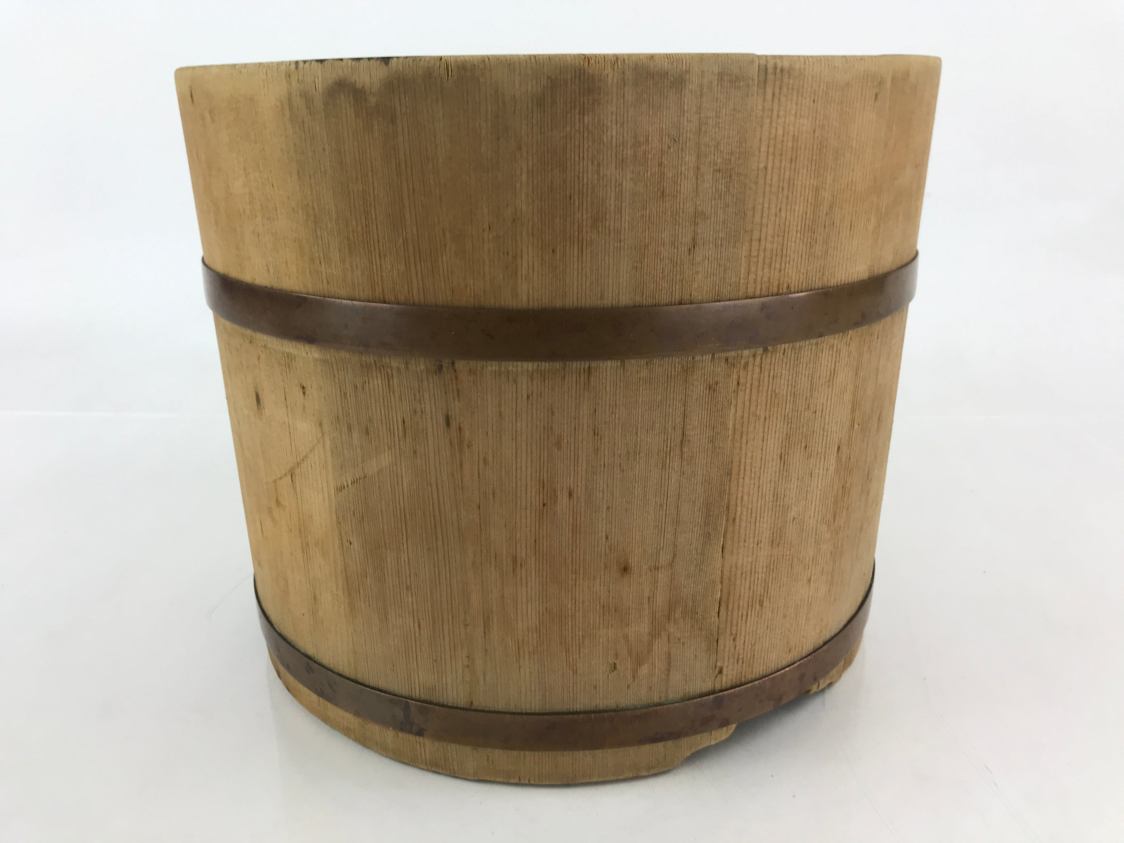 Japanese Handmade Wooden Oke Bucket Vtg Water Rice Storage Brown Copper BK18