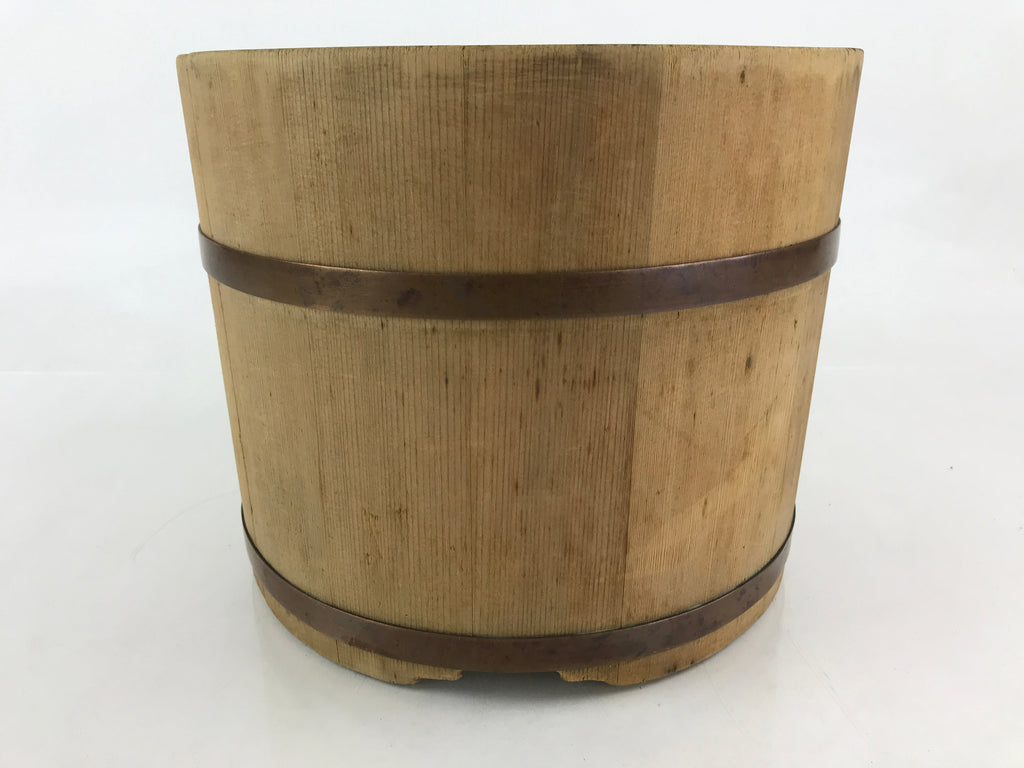Japanese Handmade Wooden Oke Bucket Vtg Water Rice Storage Brown Copper BK18
