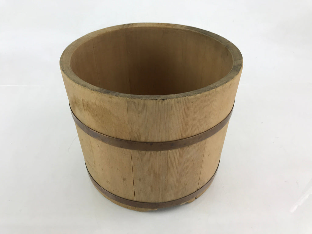 Japanese Handmade Wooden Oke Bucket Vtg Water Rice Storage Brown Copper BK18