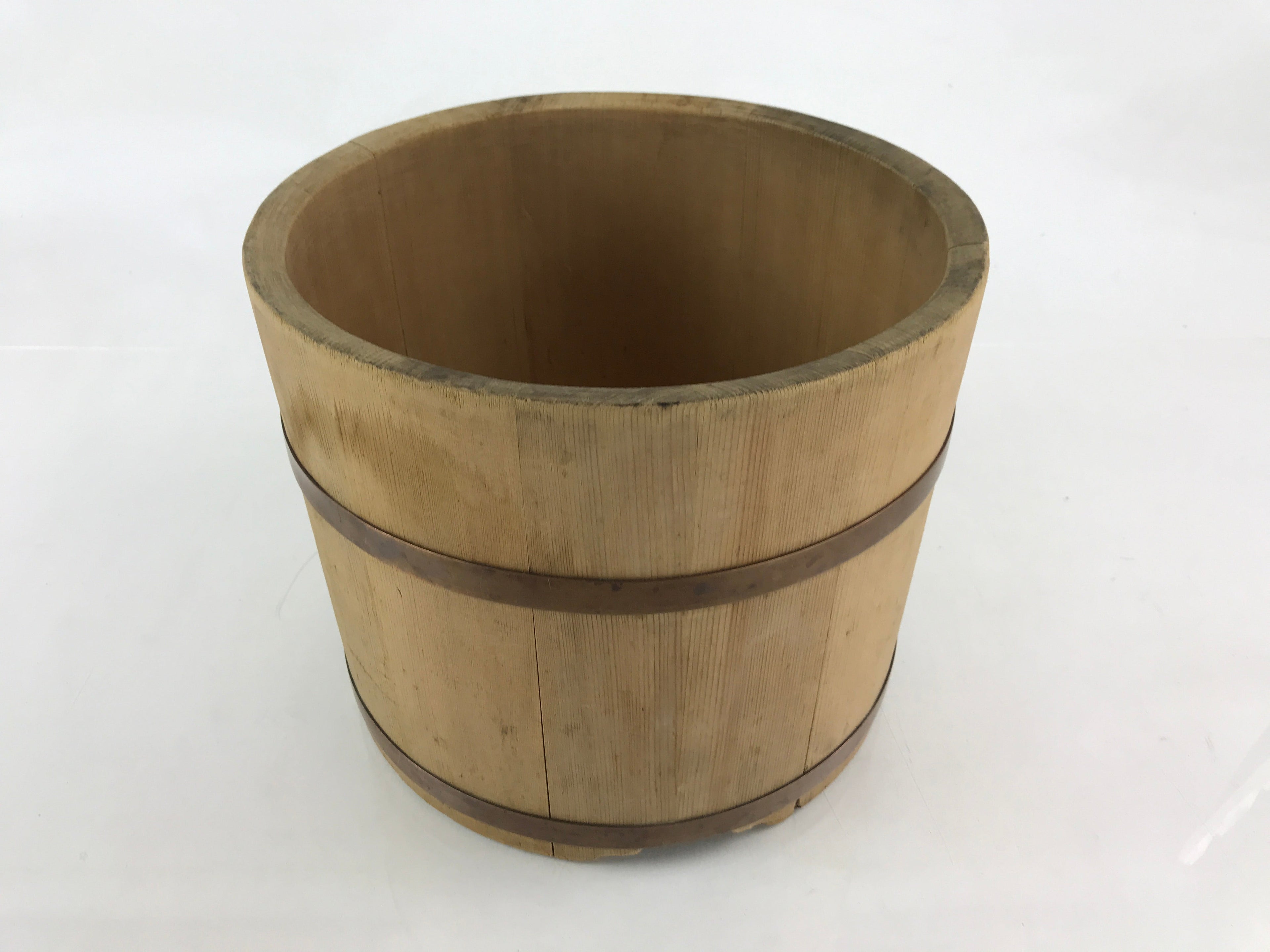 Japanese Handmade Wooden Oke Bucket Vtg Water Rice Storage Brown Copper BK18