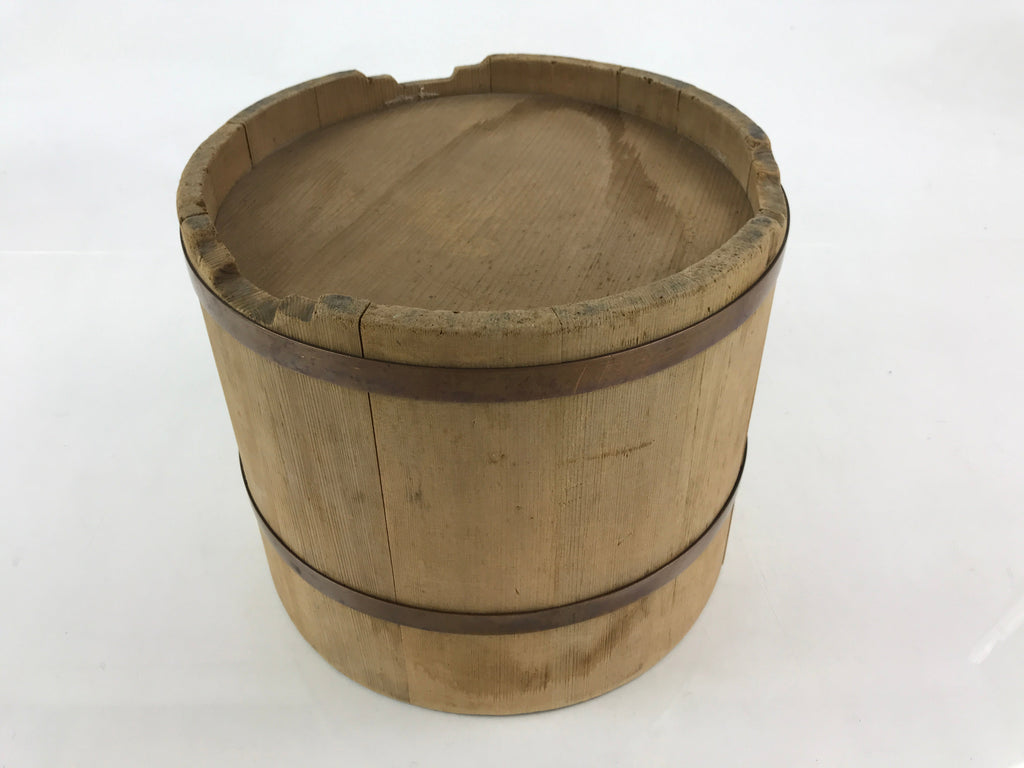 Japanese Handmade Wooden Oke Bucket Vtg Water Rice Storage Brown Copper BK18