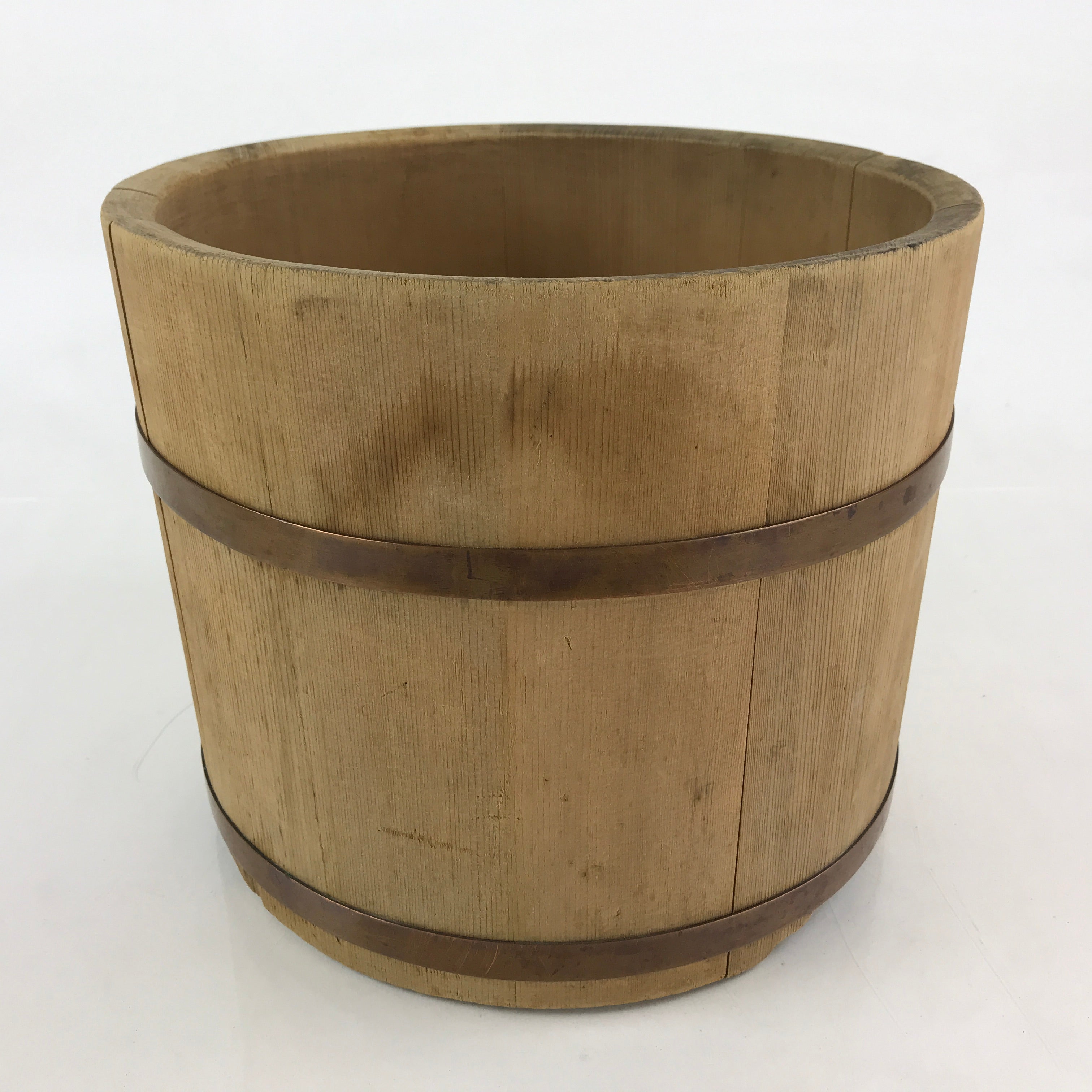 Japanese Handmade Wooden Oke Bucket Vtg Water Rice Storage Brown Copper BK18