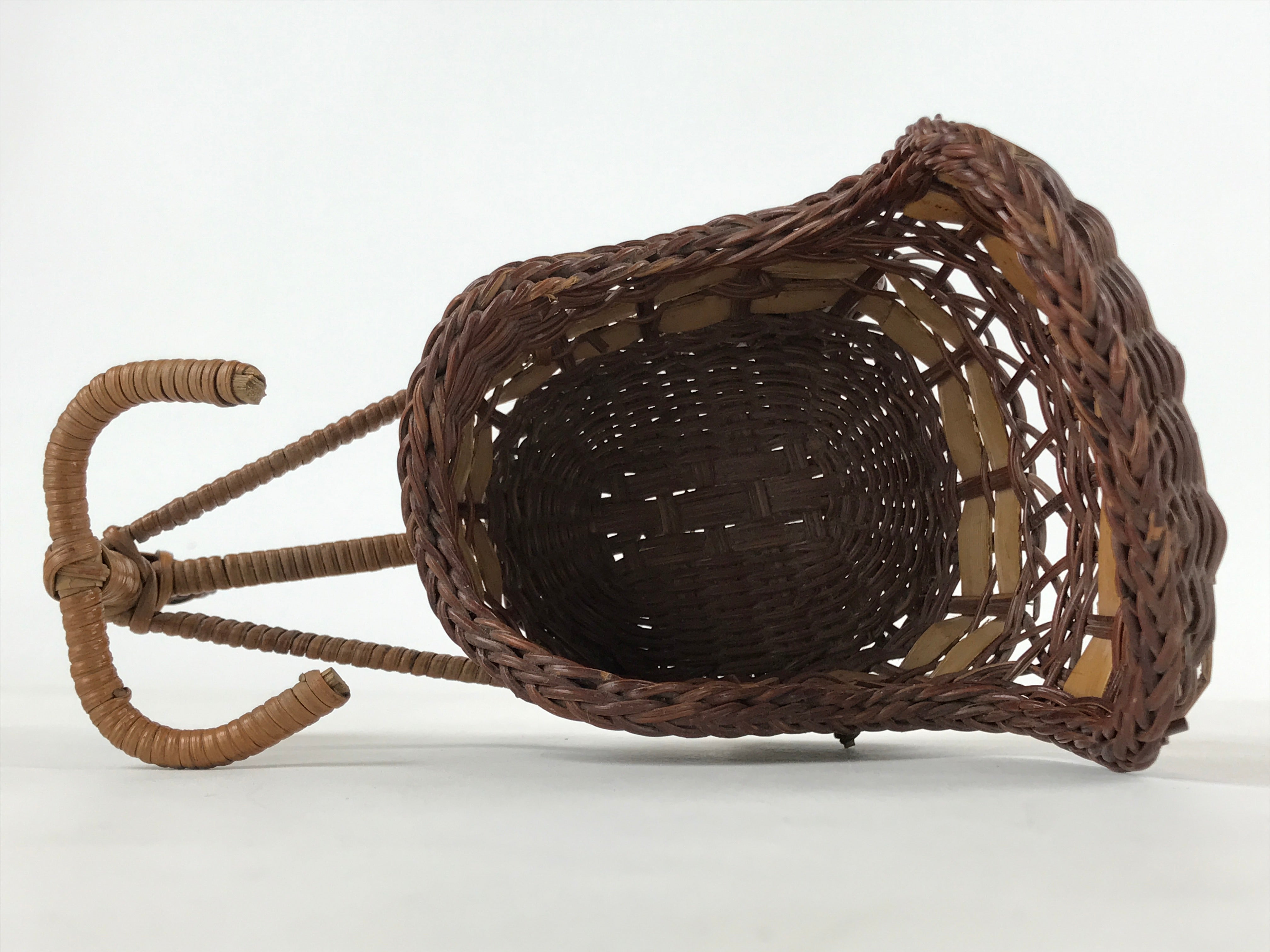 Japanese Handwoven Bamboo Basket Vtg Carriage Cart Kago Ikebana Arrangement B231