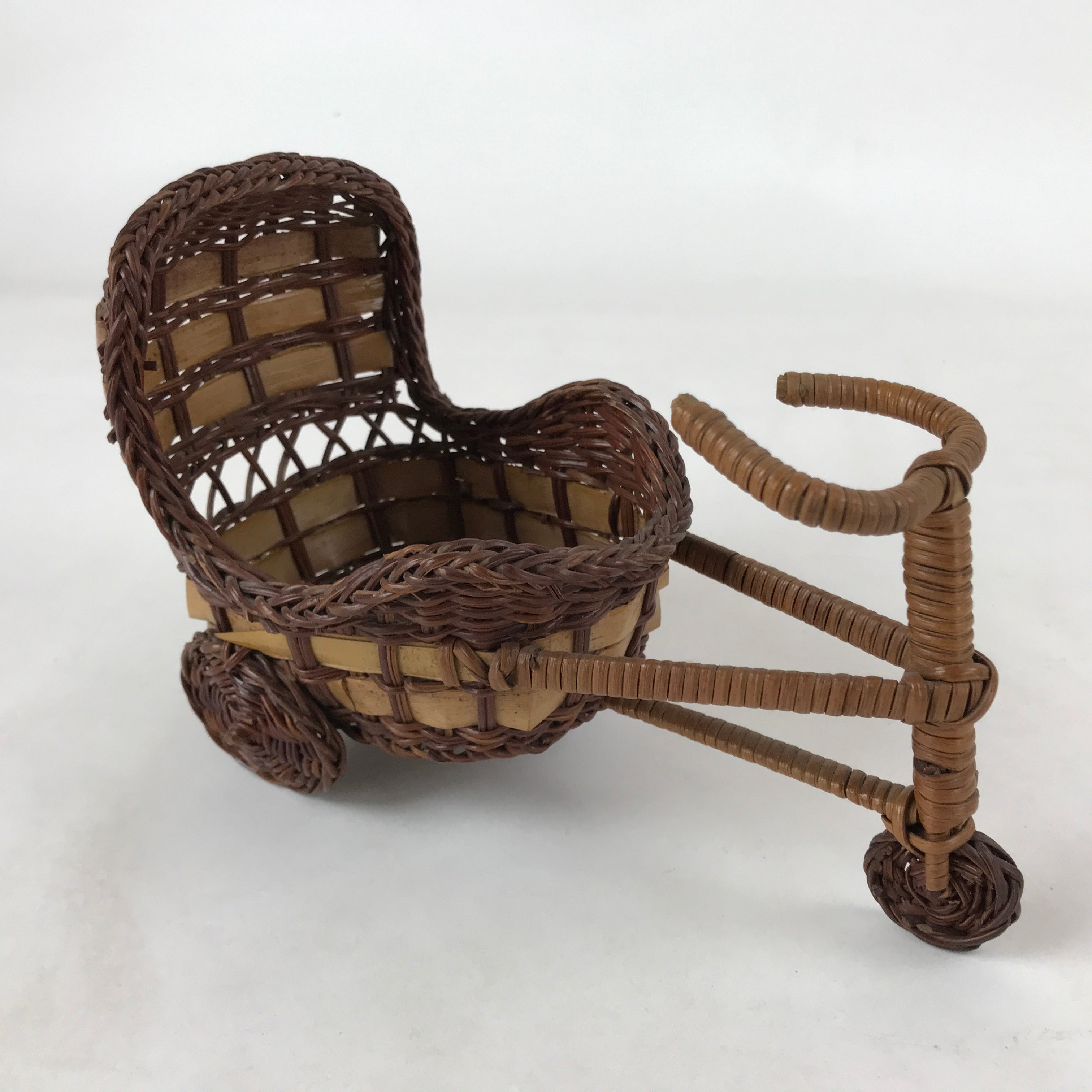 Japanese Handwoven Bamboo Basket Vtg Carriage Cart Kago Ikebana Arrangement B231