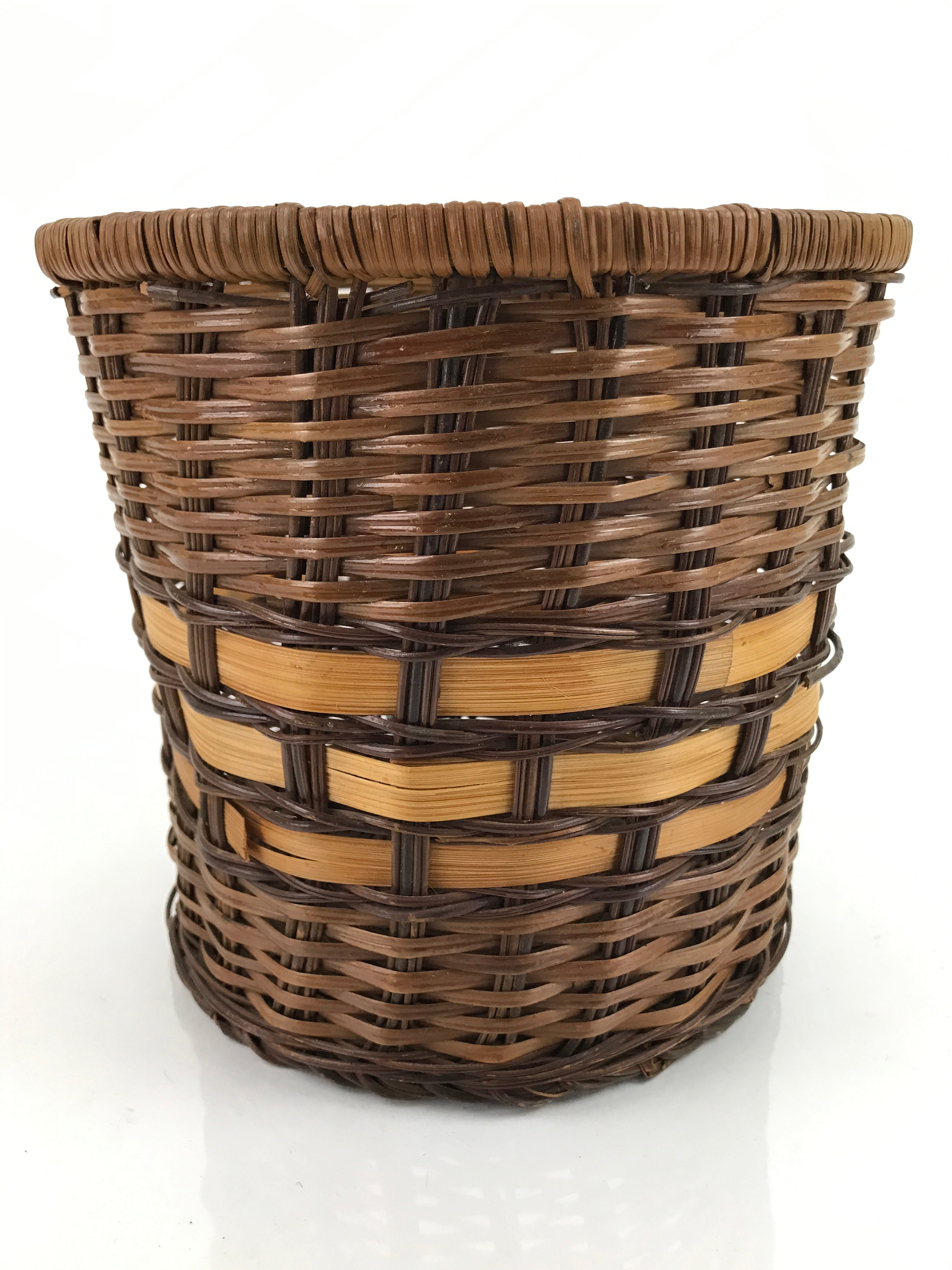 Japanese Handwoven Bamboo Basket Vtg Vine Kago Ikebana Kado Trash Bin Brown B242